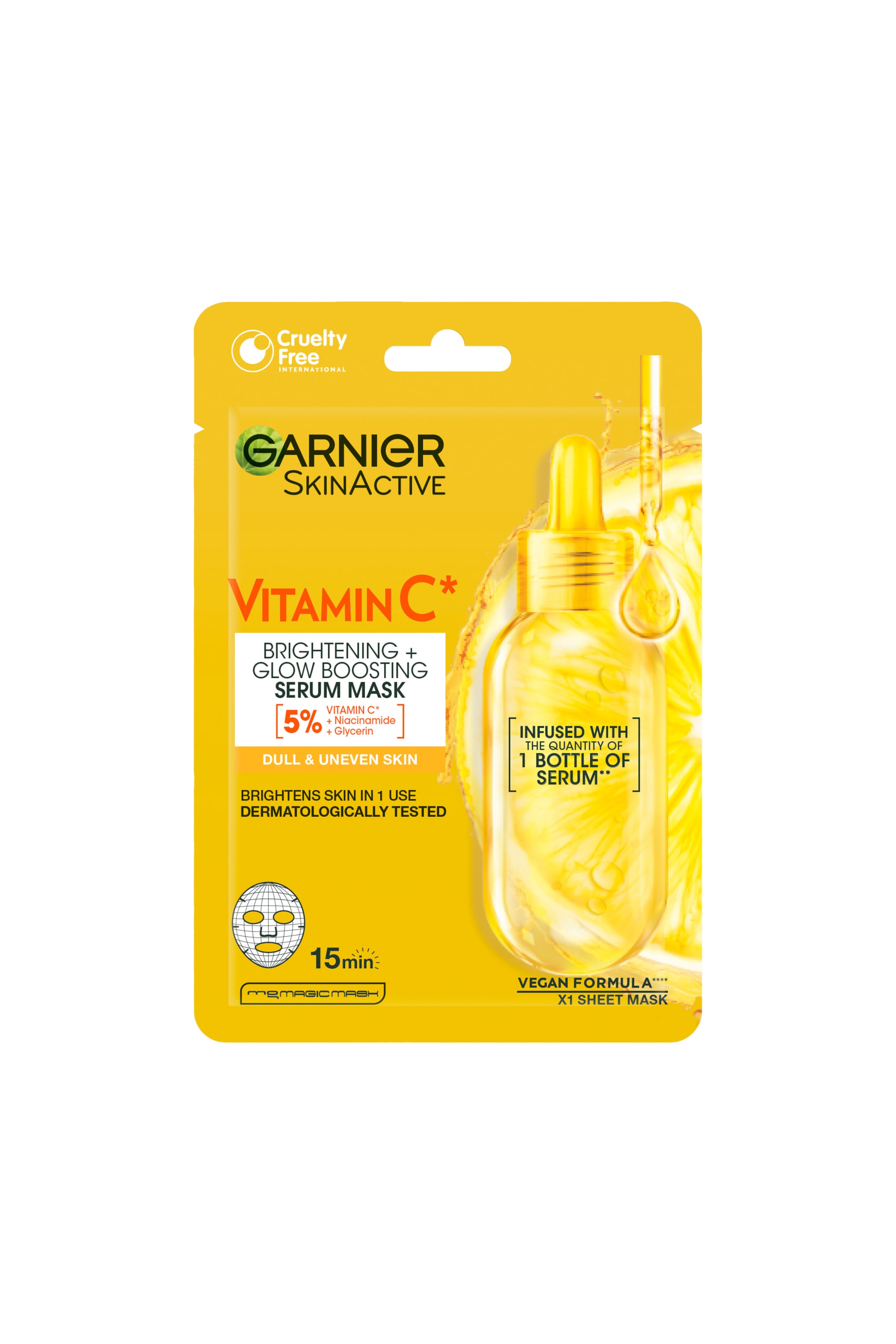 Visa större bild: En Garnier SkinActive Vitamin C Brightening and Glow Boosting Serum Mask-förpackning visar en ljusgul förpackningsdesign. Framsidan av förpackningen har en grafik av en gul serumflaska med pipett, placerad ovanpå en uppskuren citrusfrukt, tillsammans med text som beskriver formulan med 5 % vitamin C, niacinamid och glycerin.