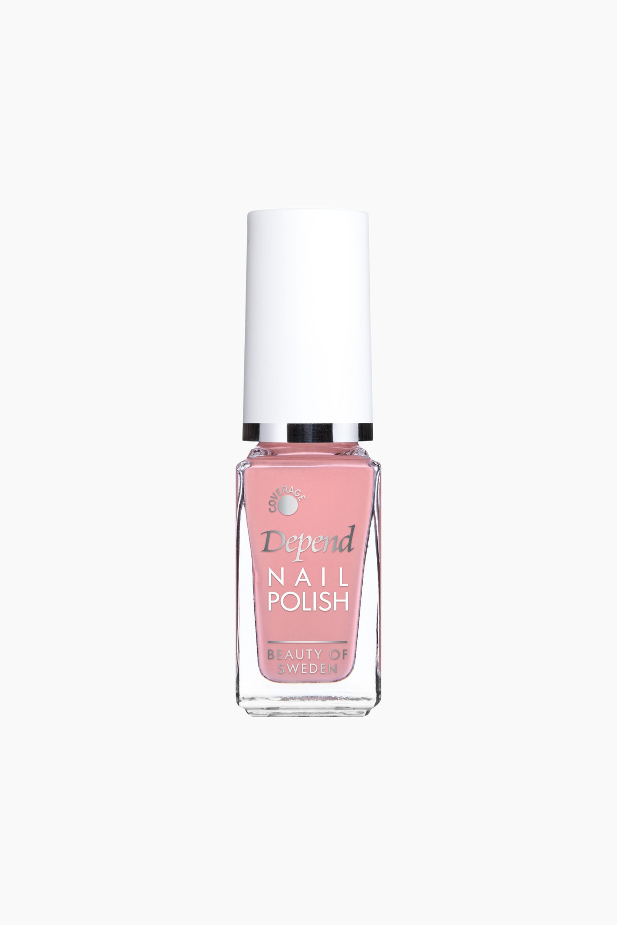Visa större bild: En rosa nagellacksflaska står upprätt och vänd framåt, med en transparent rektangulär glasflaska fylld med ljusrosa nagellack. Den är försedd med en vit cylindrisk kork och ett silverfärgat band, och på frontetiketten syns ”Depend Nail Polish”.
