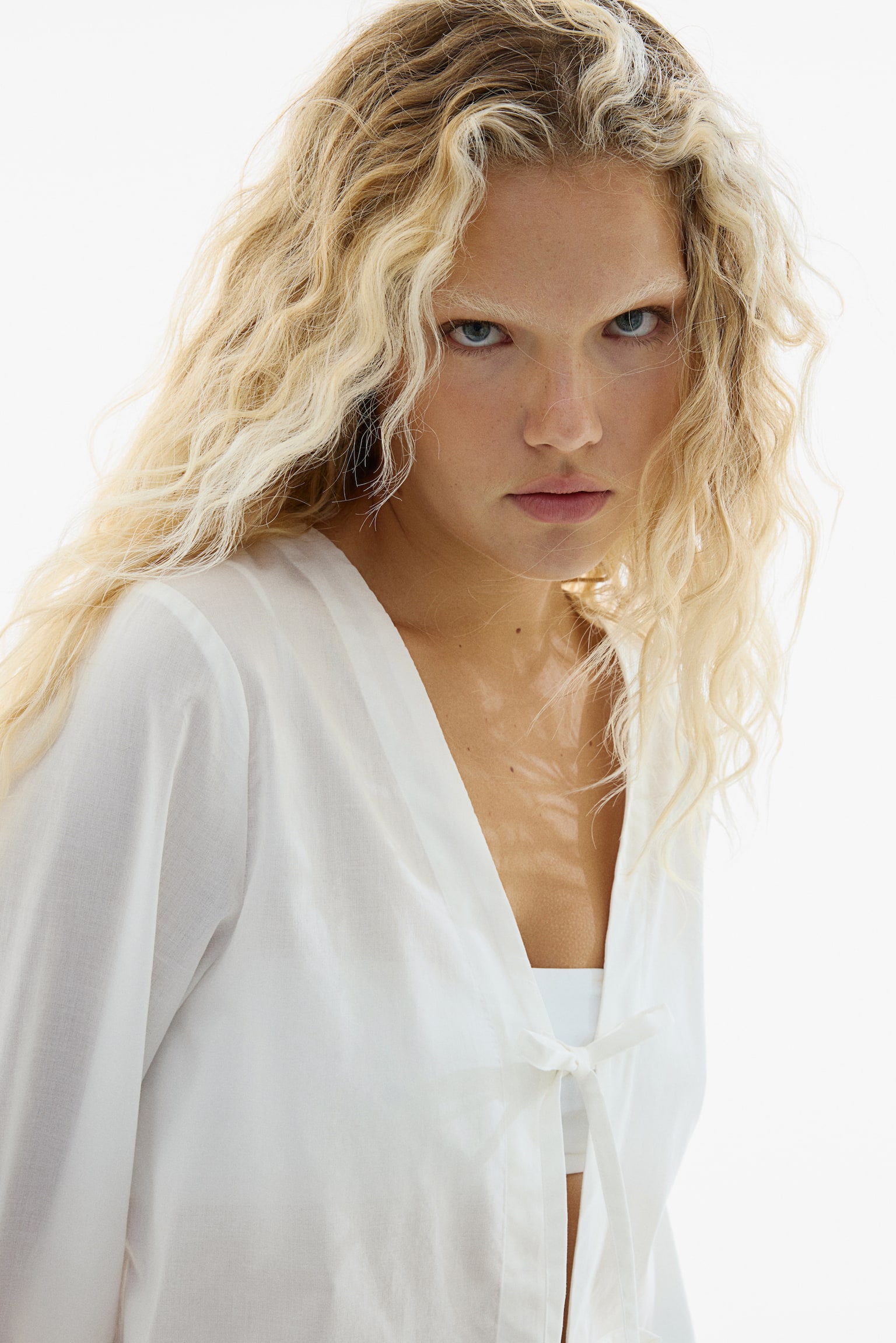 Áo kiểu cotton buộc dây phía trước - Màu trắng/Màu hồng nhạt/Kẻ - 4