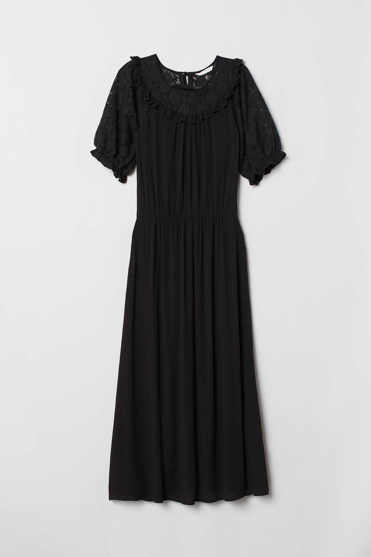 chinese dress ladies Black Embroidered Lace Yoke Fit & Flare Dress Medium