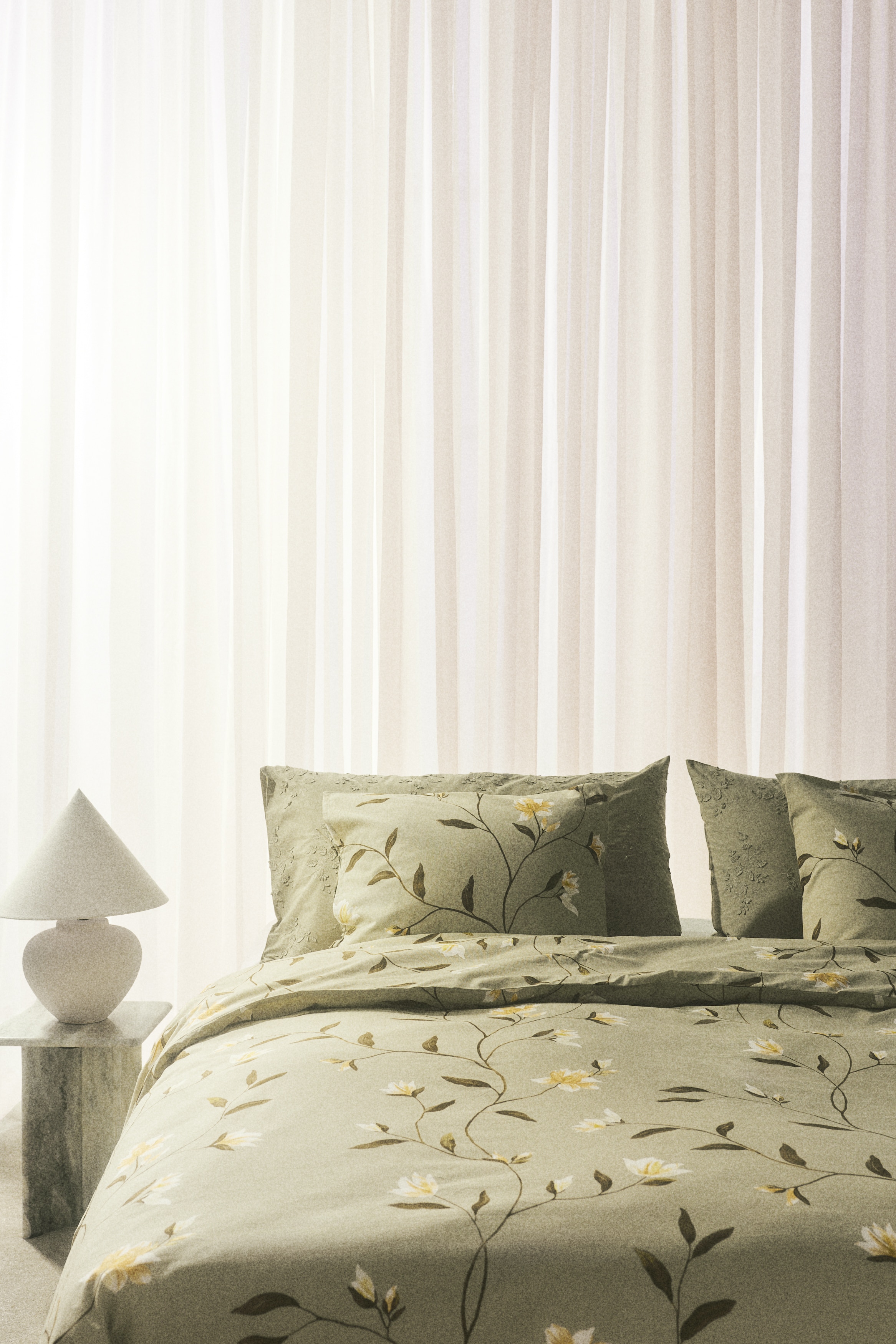 Cotton double/king duvet cover set - Light green/Floral/White/Floral