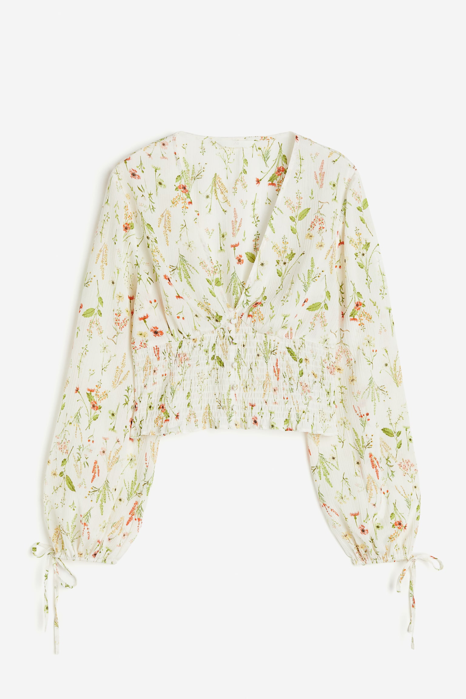 Cropped V-neck Blouse - Cream/Floral/White/Blue floral - 2