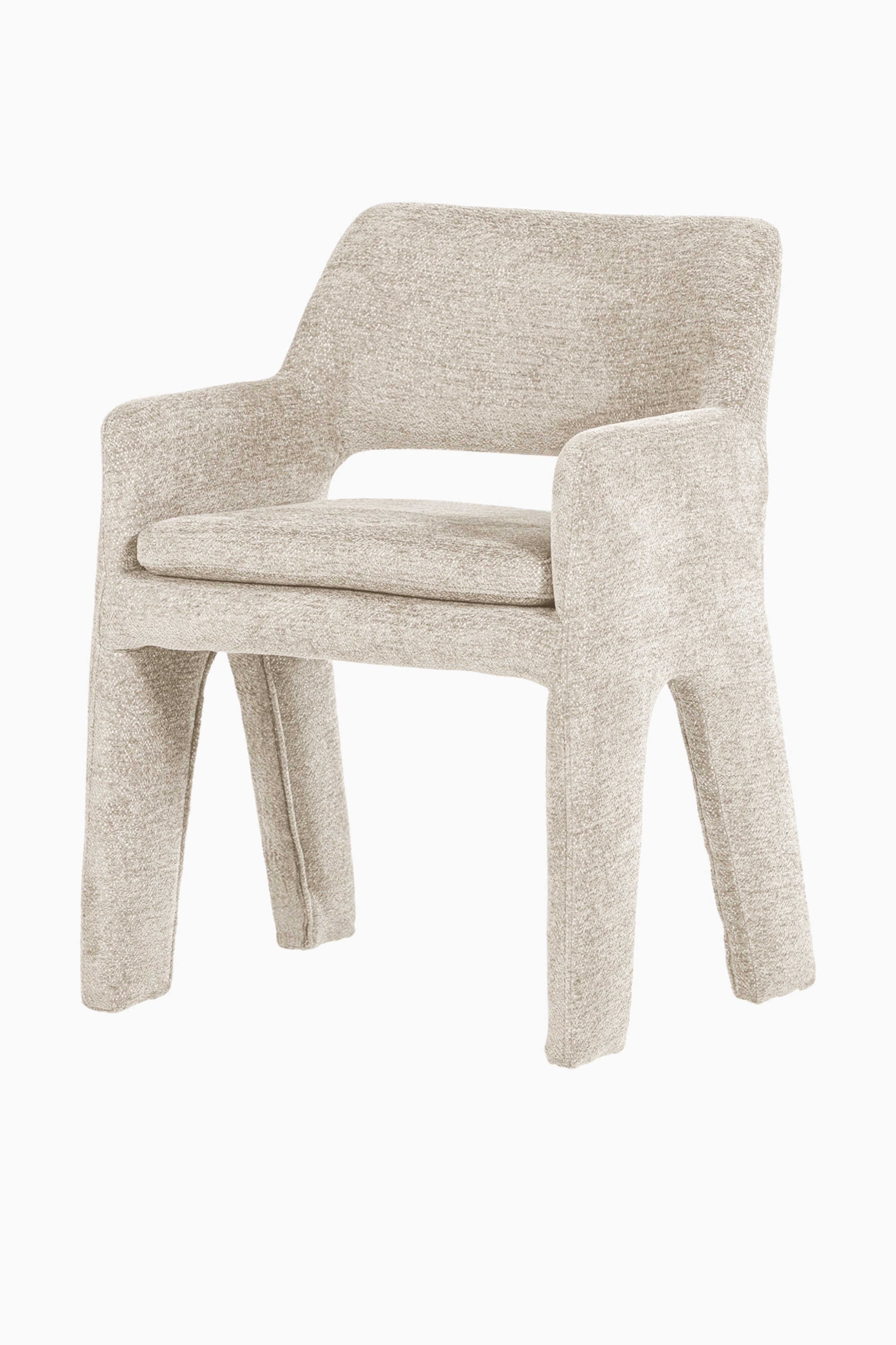 Agrandir l'image: Un fauteuil en tissu texturé beige clair présente son devant et son côté gauche, avec un dossier intégré, de larges accoudoirs et quatre pieds épais rembourrés, ainsi qu'un coussin de siège séparé reposant sur son cadre.