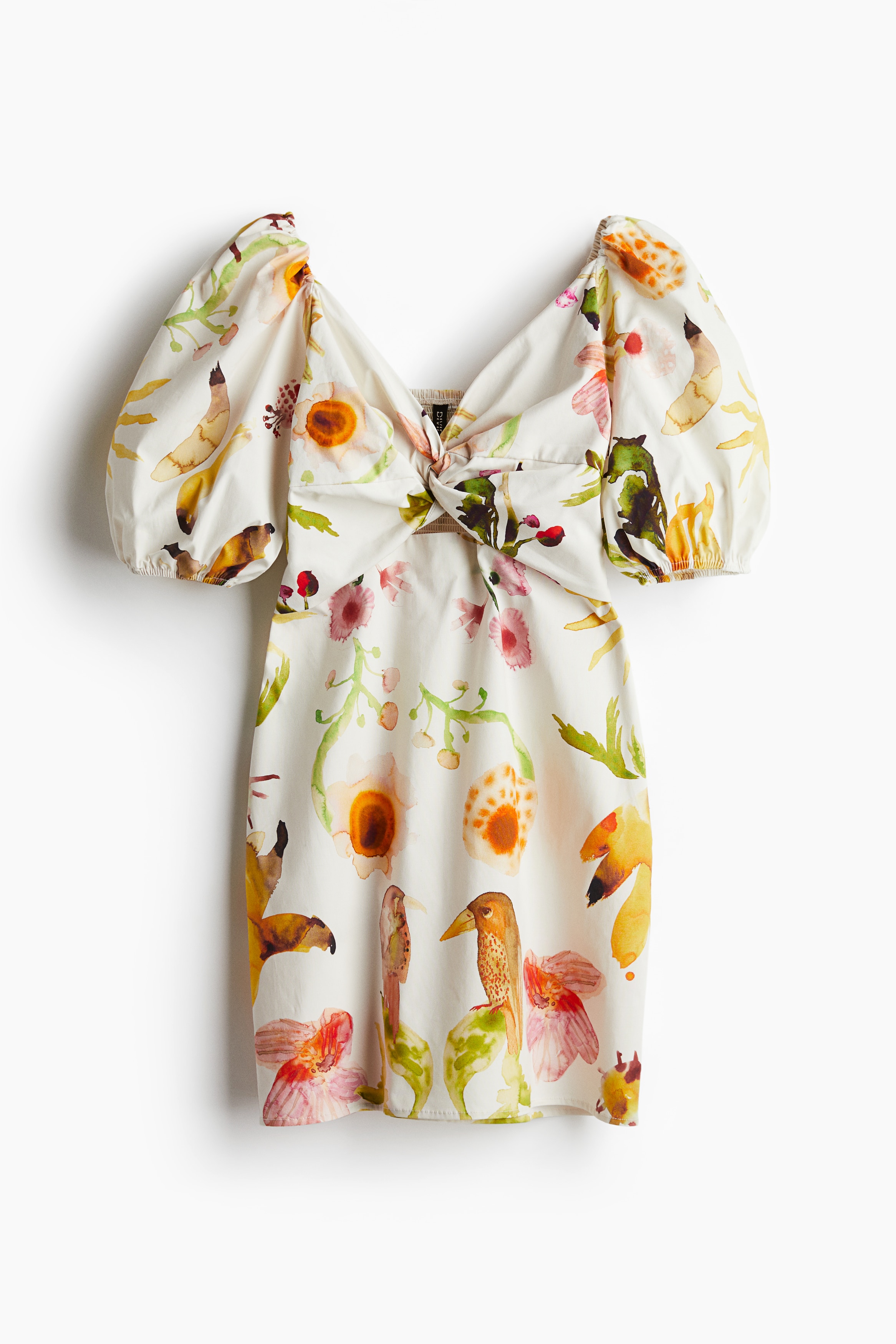 扭繞細節洋裝 - 白色/印花