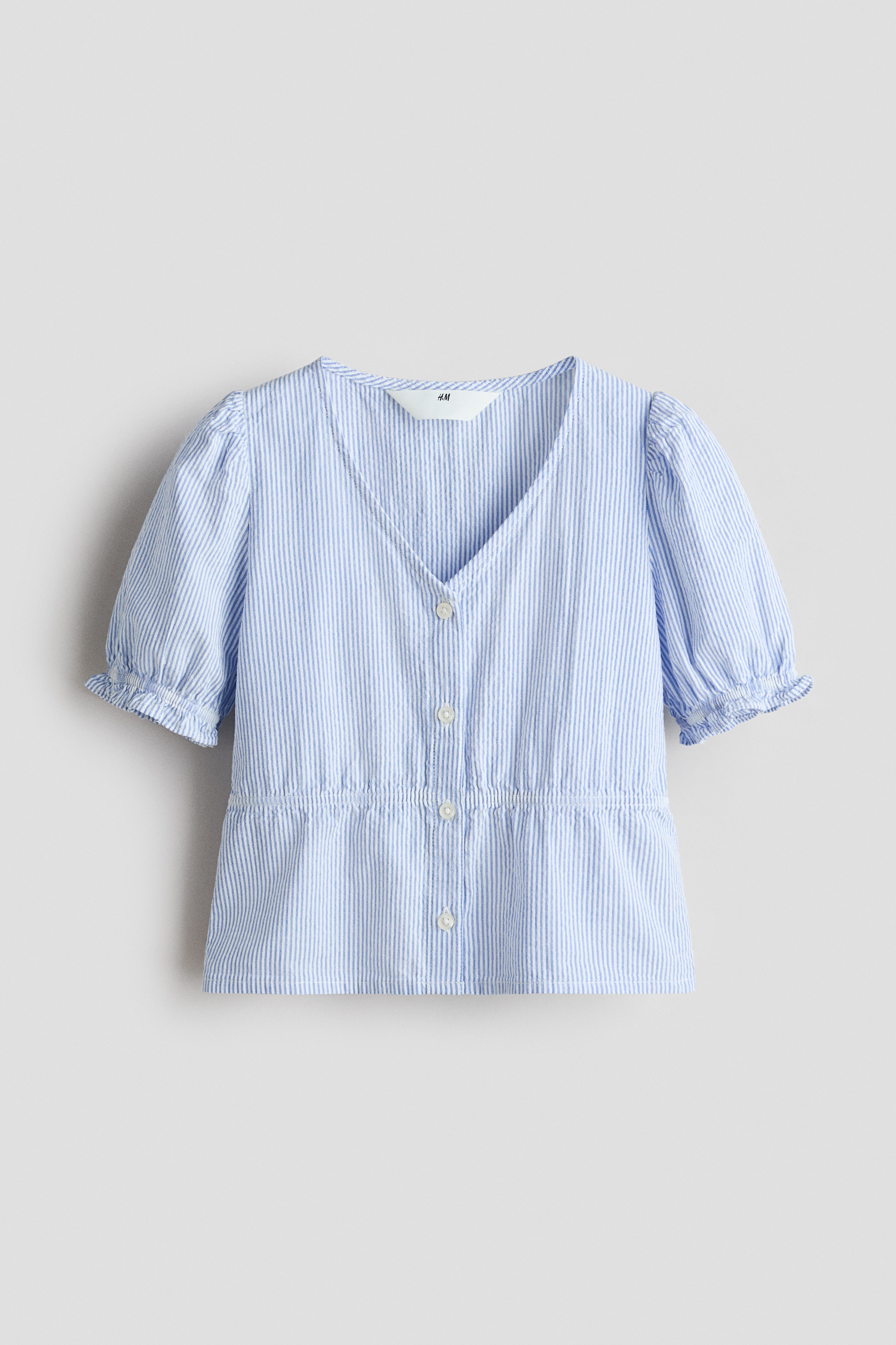 Puff-Sleeved Cotton Seersucker Blouse - Light blue/striped/White/Cream/floral