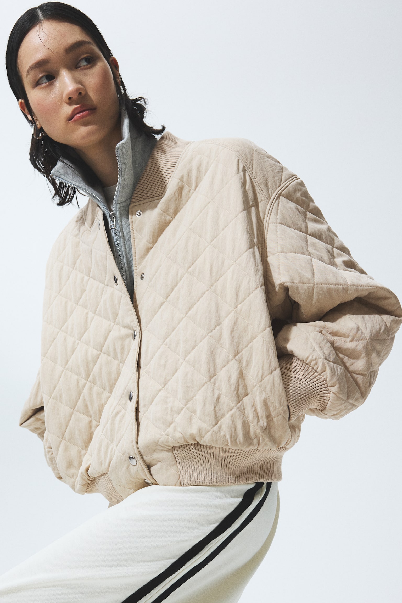 Quilted bomber jacket-Beige - 5