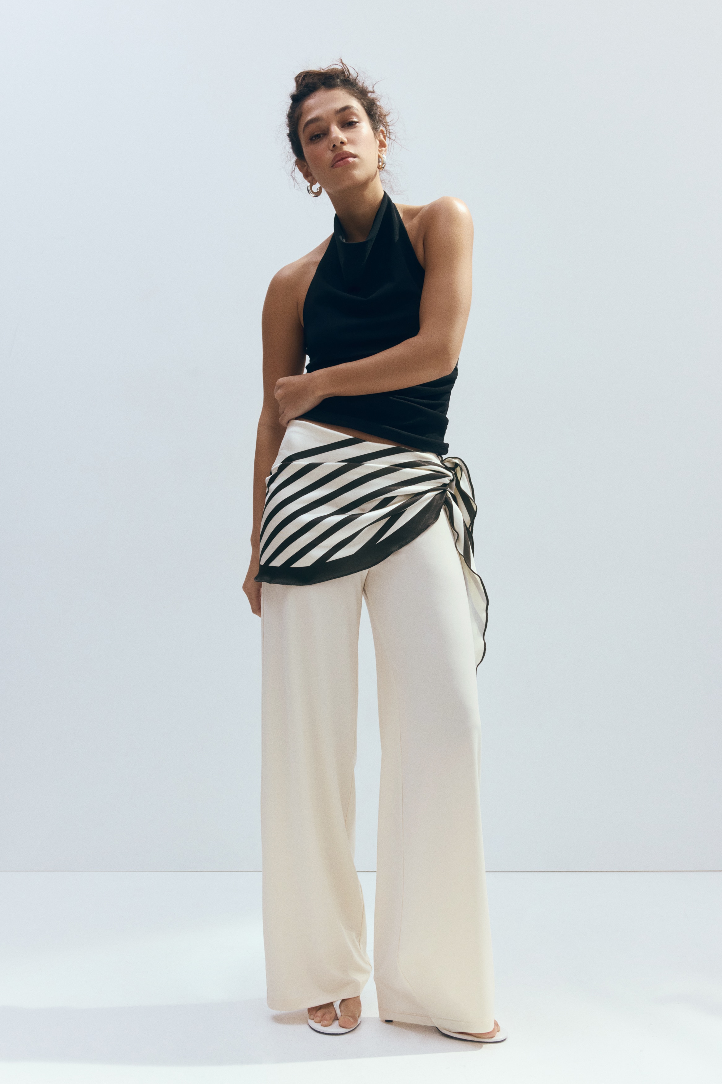 Tricot broek met sjaal - Roomwit/zwart