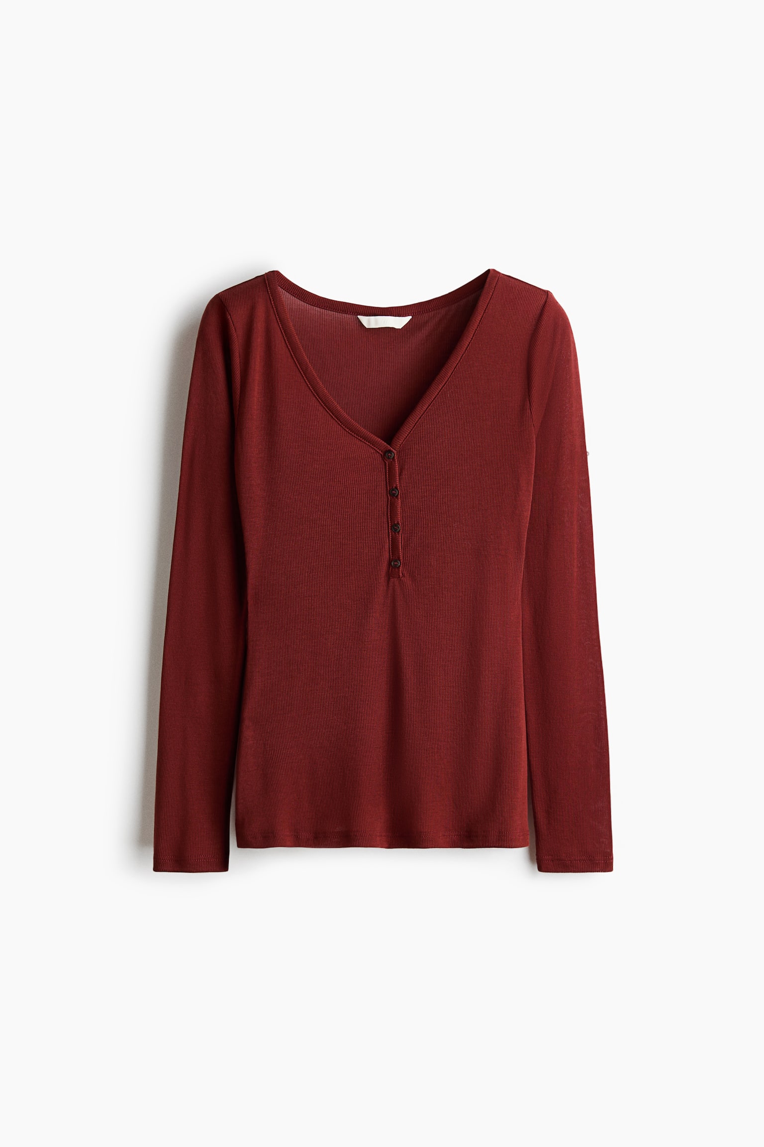 Long-sleeved rib-knit top - Dark red/Dark red/Light blue