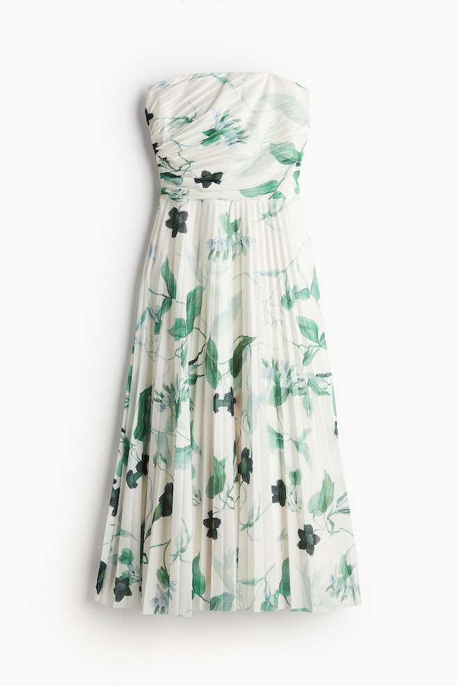 Bandeau-Kleid mit Falten - Cremefarben/Geblümt/Silberfarben - 1