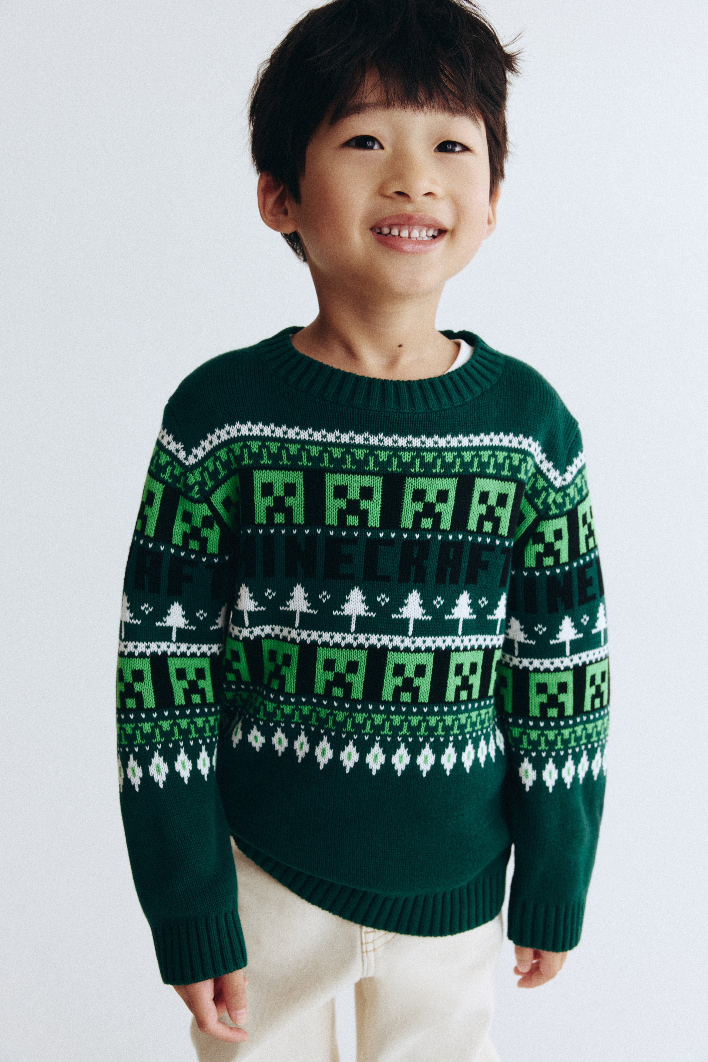 Žakárový bavlnený pulóver - Tmavozelená/Minecraft/Horčicovožltá/SmileyWorld®