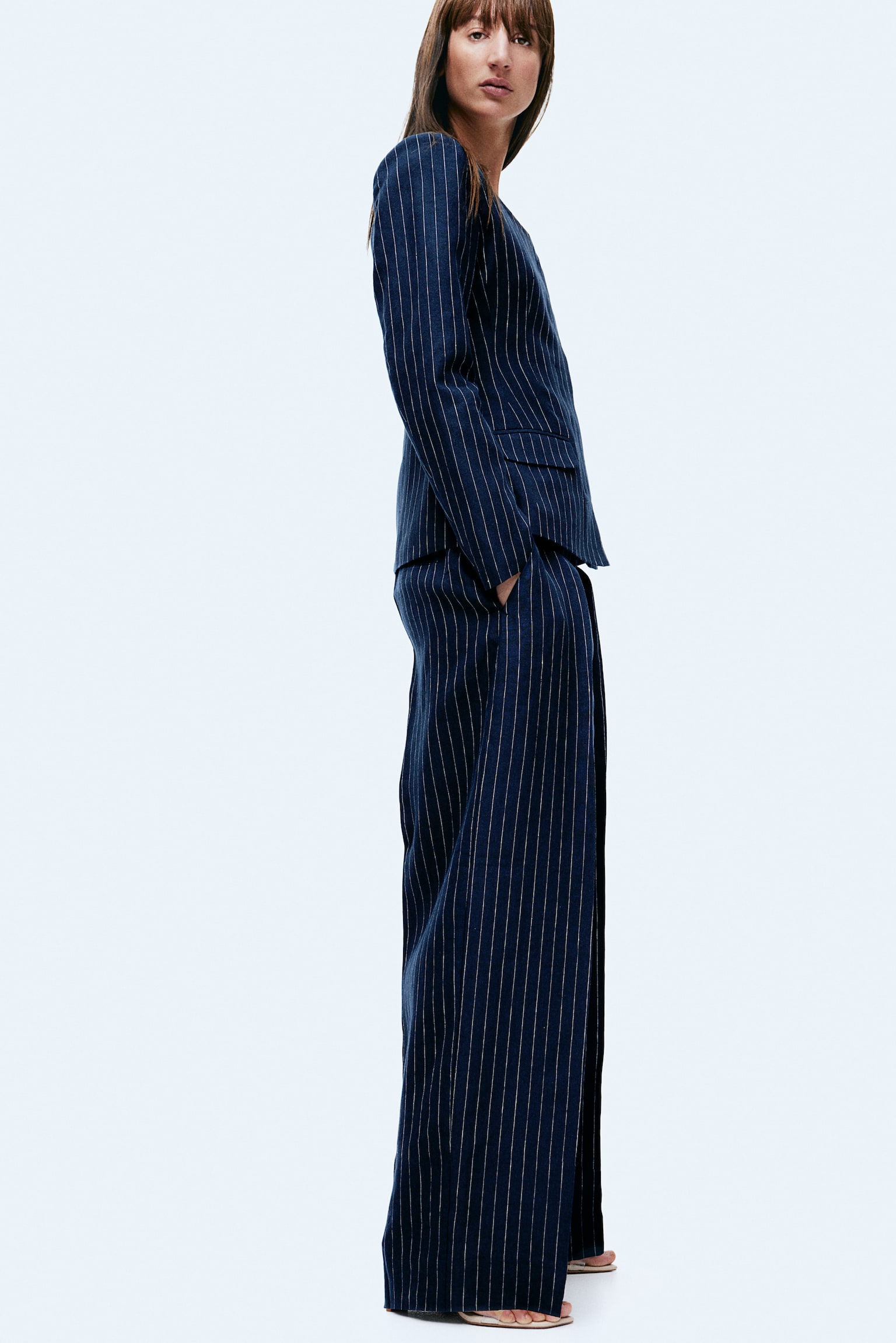 Waisted Linen Blazer - Navy blue/Pinstripe - 6