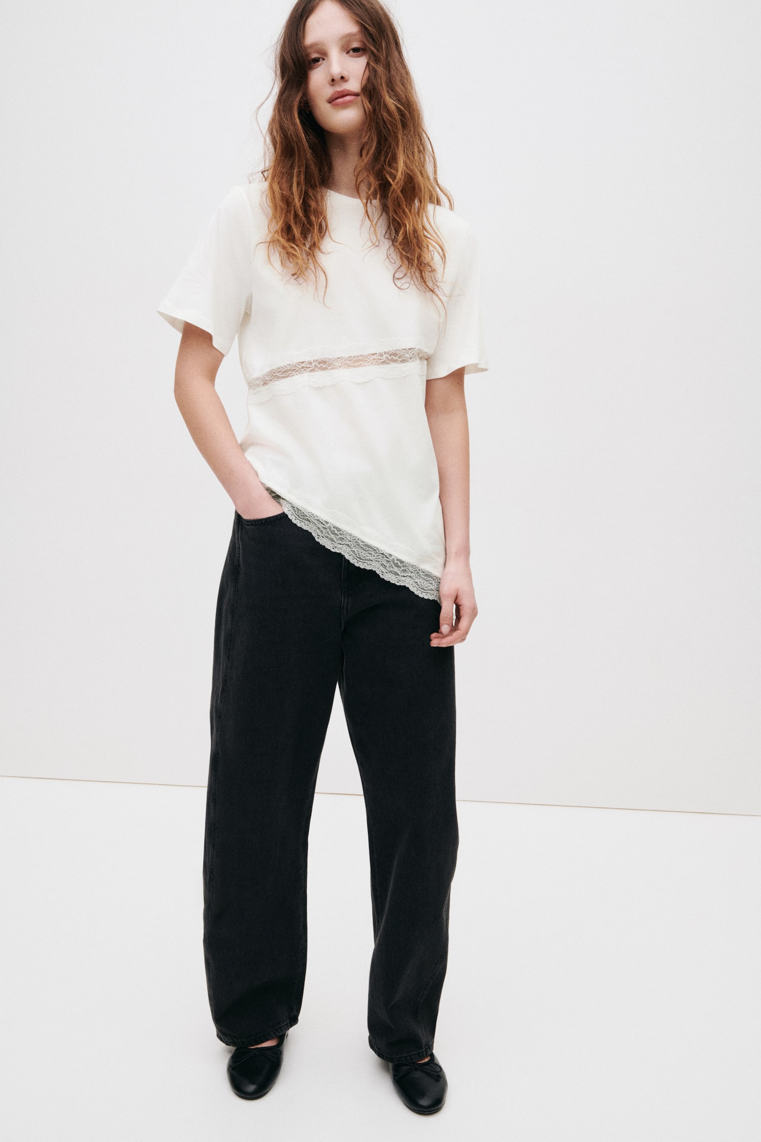 Lace-trimmed T-shirt - White/Black - 5