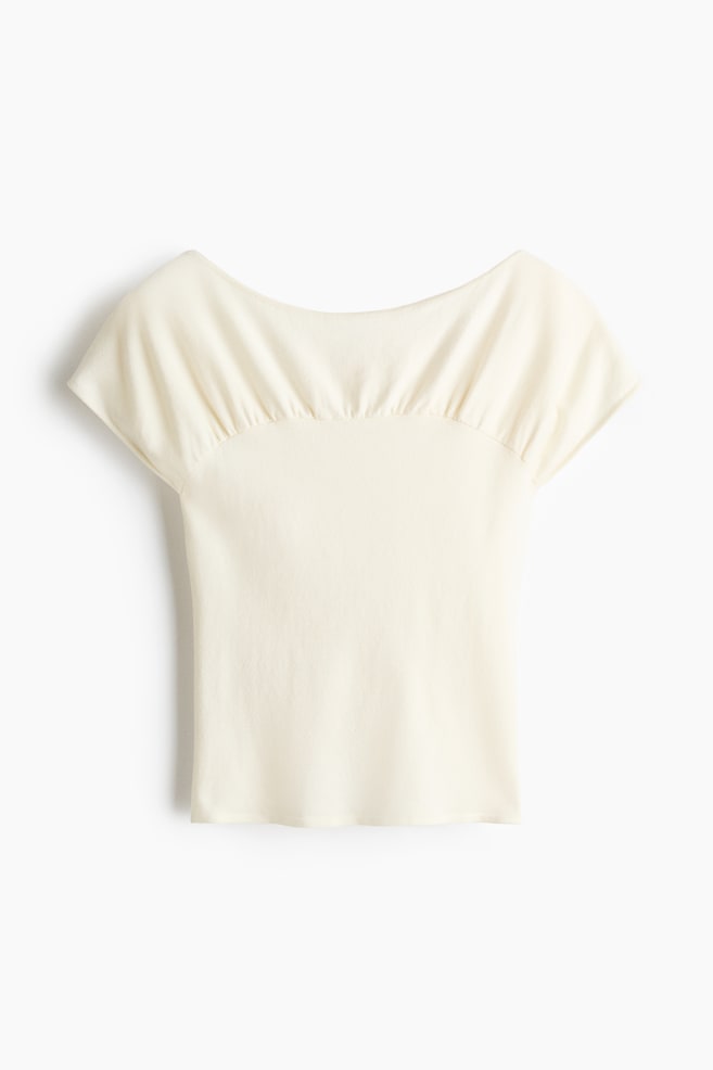 Gathered Cap-Sleeved Top - Cream/Rust brown/Light blue - 1