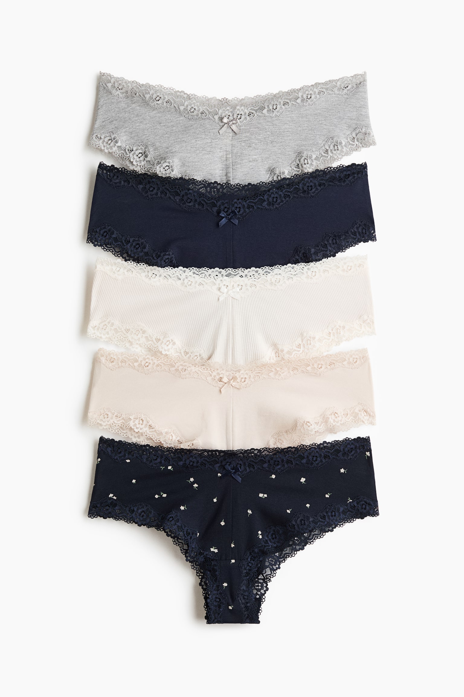 5-pack Cotton & Lace Hipster Briefs - Navy blue/Flowers/Light pink/Light grey marle/Navy blue/Floral/Black/Burgundy/Light pink/Beige/Cream/White/Floral/White/Floral/Beige marle/Dark brown/White