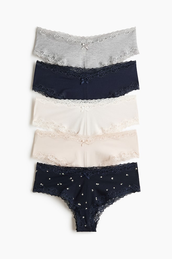 Pack de 5 bragas hipster de algodón y encaje - Azul marino/Flores/Azul marino/Floral/Rosa claro/Gris claro jaspeado/Beige/Crema/Negro/Burdeos/Rosa claro/Blanco/Floral - 1