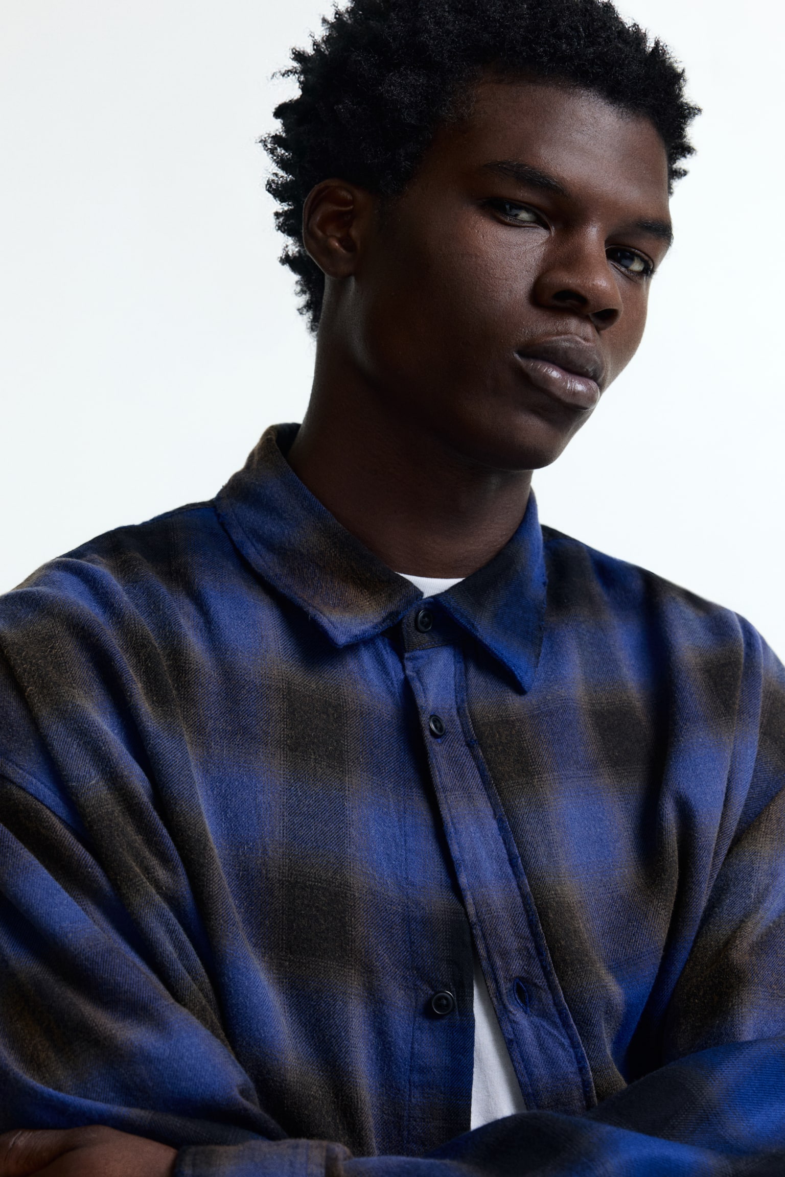 休閒剪裁棉質混紡襯衫 - 藍色/格紋/深咖啡色/格紋 - 5