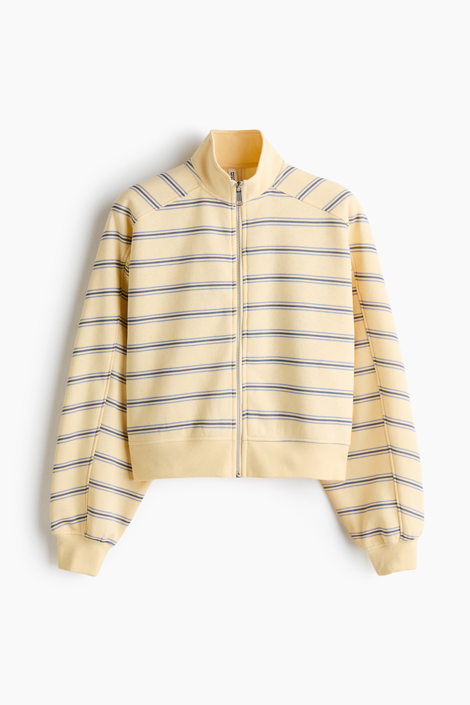 A pale yellow cropped zip-up sweatshirt is shown from the front, featuring horizontal double stripes in blue and grey. The design includes a high mock neck, a silver-tone front zip fastening, dropped shoulders, and ribbed cuffs and hem.