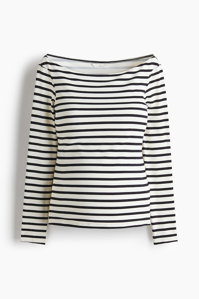 MAMA Boat-neck top - White/Black striped/Black - 1