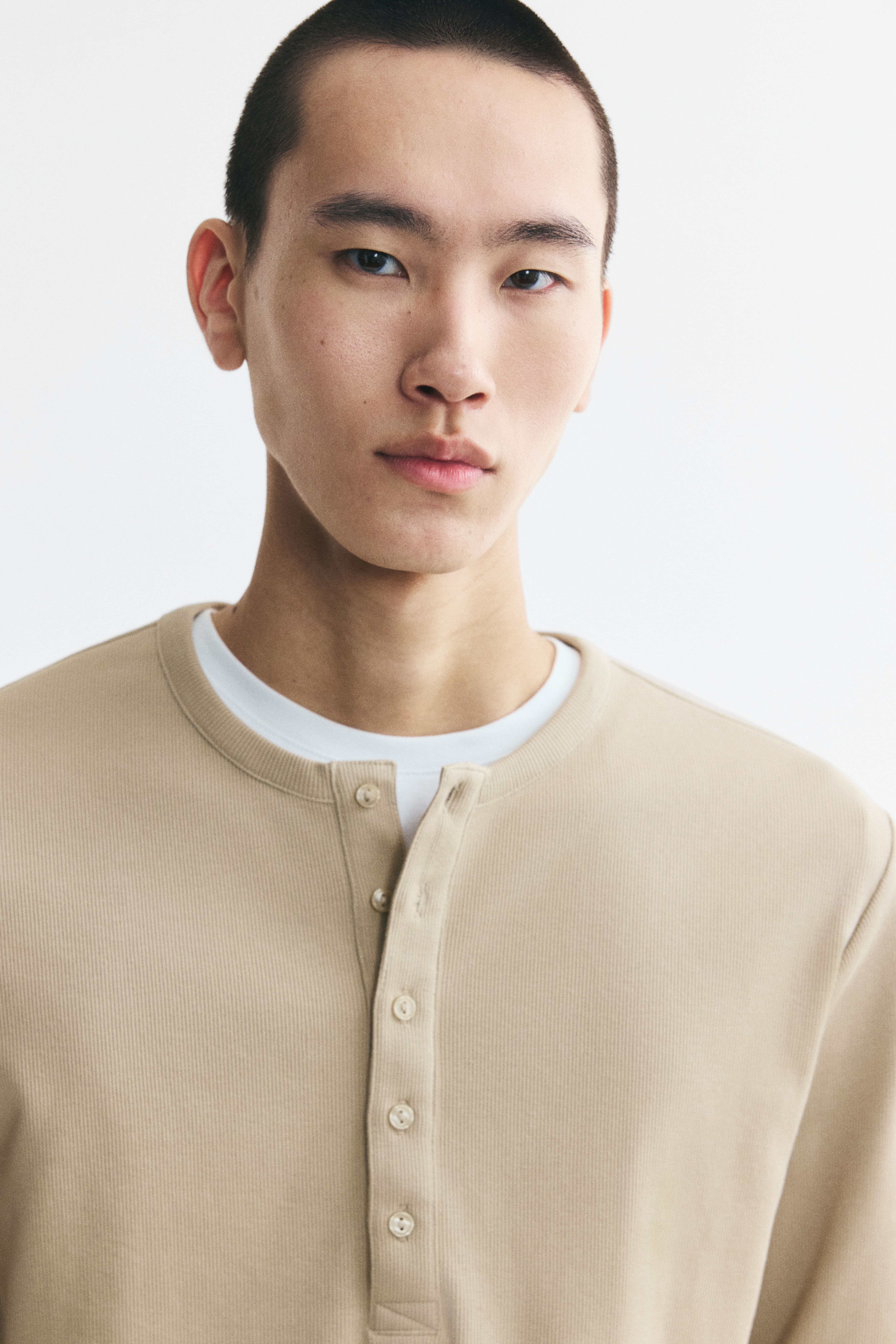 Slim-Fit Ribbed Henley Shirt