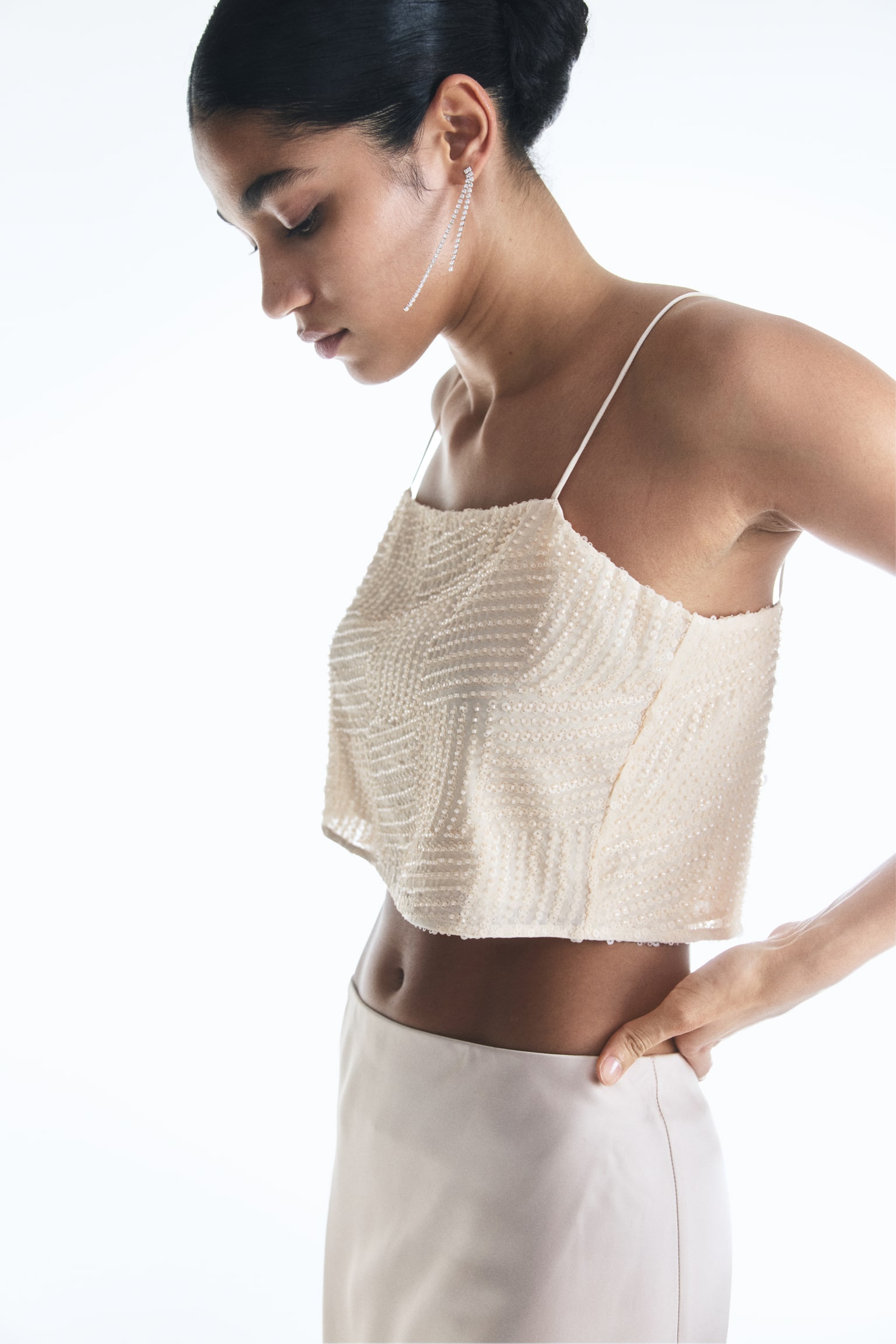 Decorative Detail Cropped Top - Light beige/White - 5