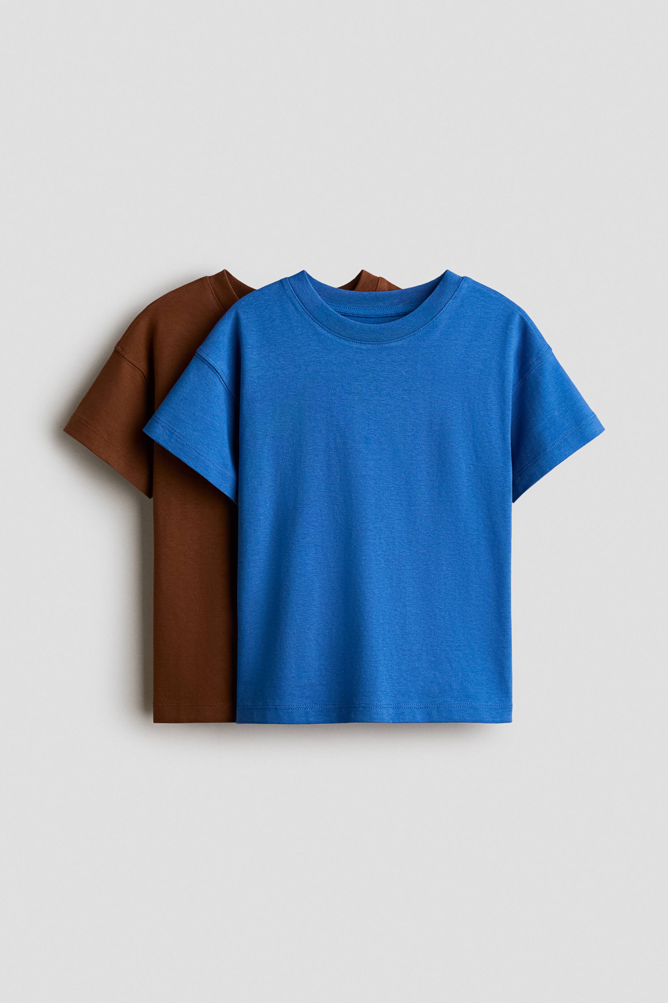 View larger image: Two short-sleeved T-shirts are presented front-facing. A blue T-shirt is layered over a brown T-shirt, both featuring plain designs and crew necks.