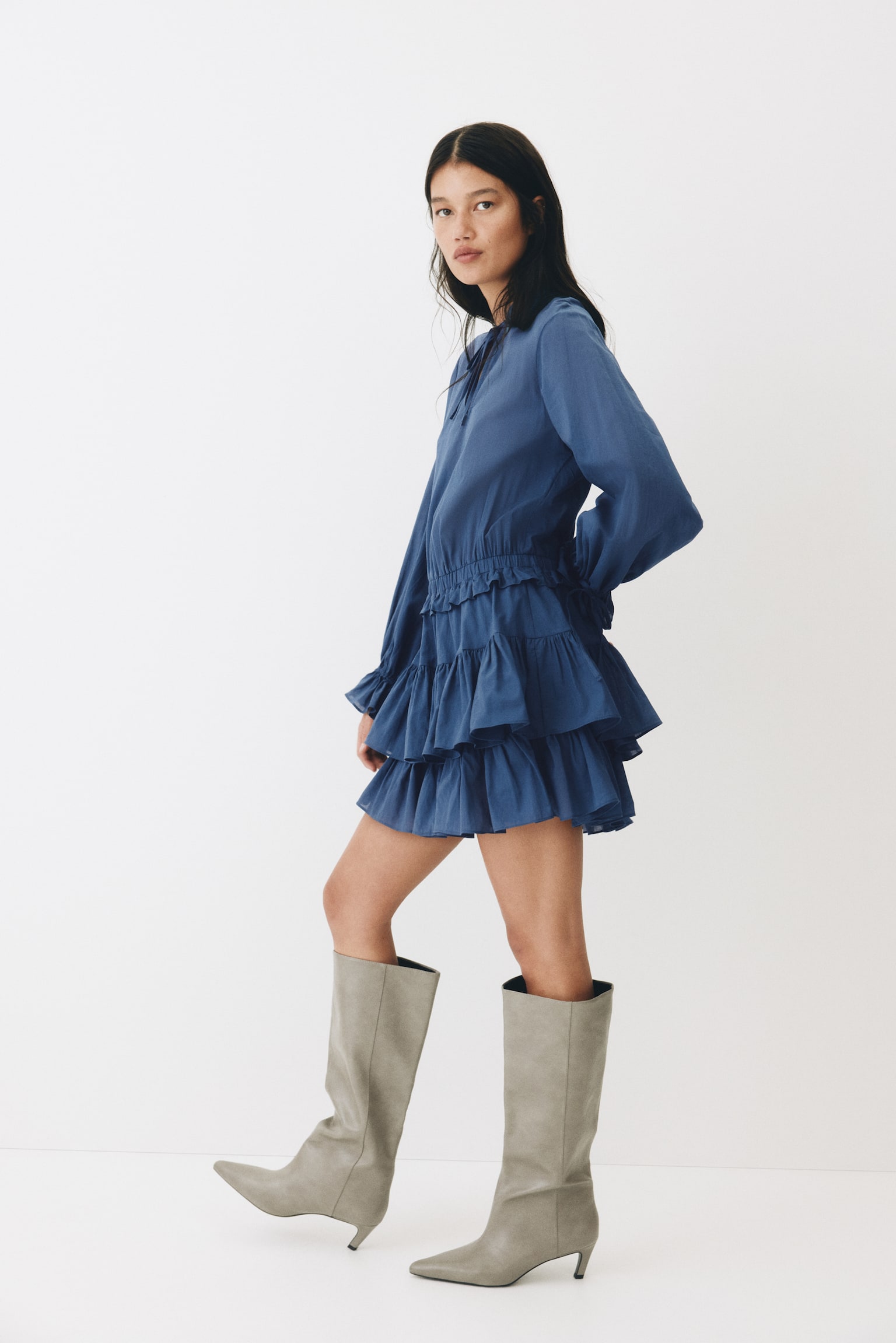 Flounced cotton dress - Dark blue - 4