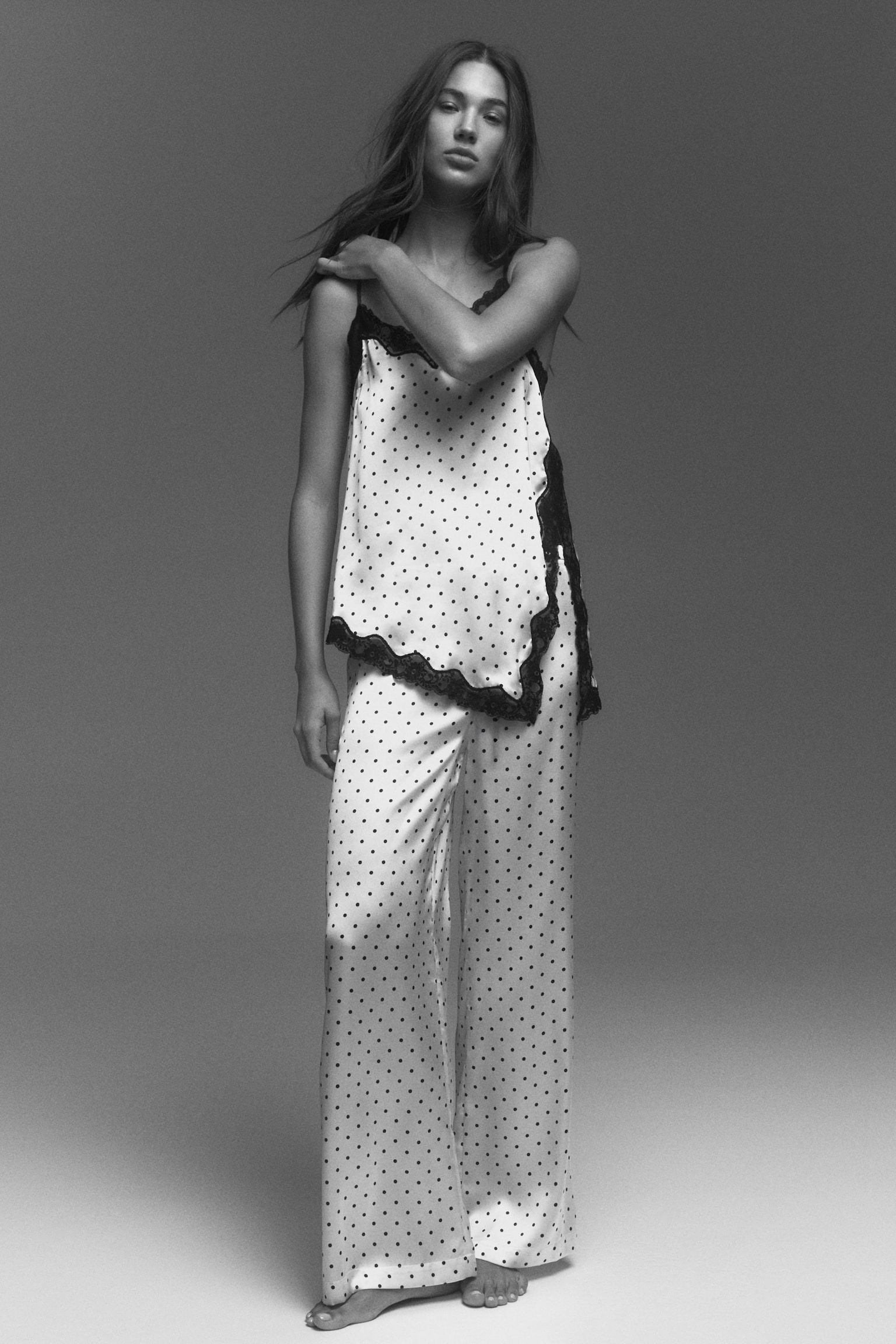 Satin pyjamas - Krémová/puntíky/Tmavě hnědá - 2