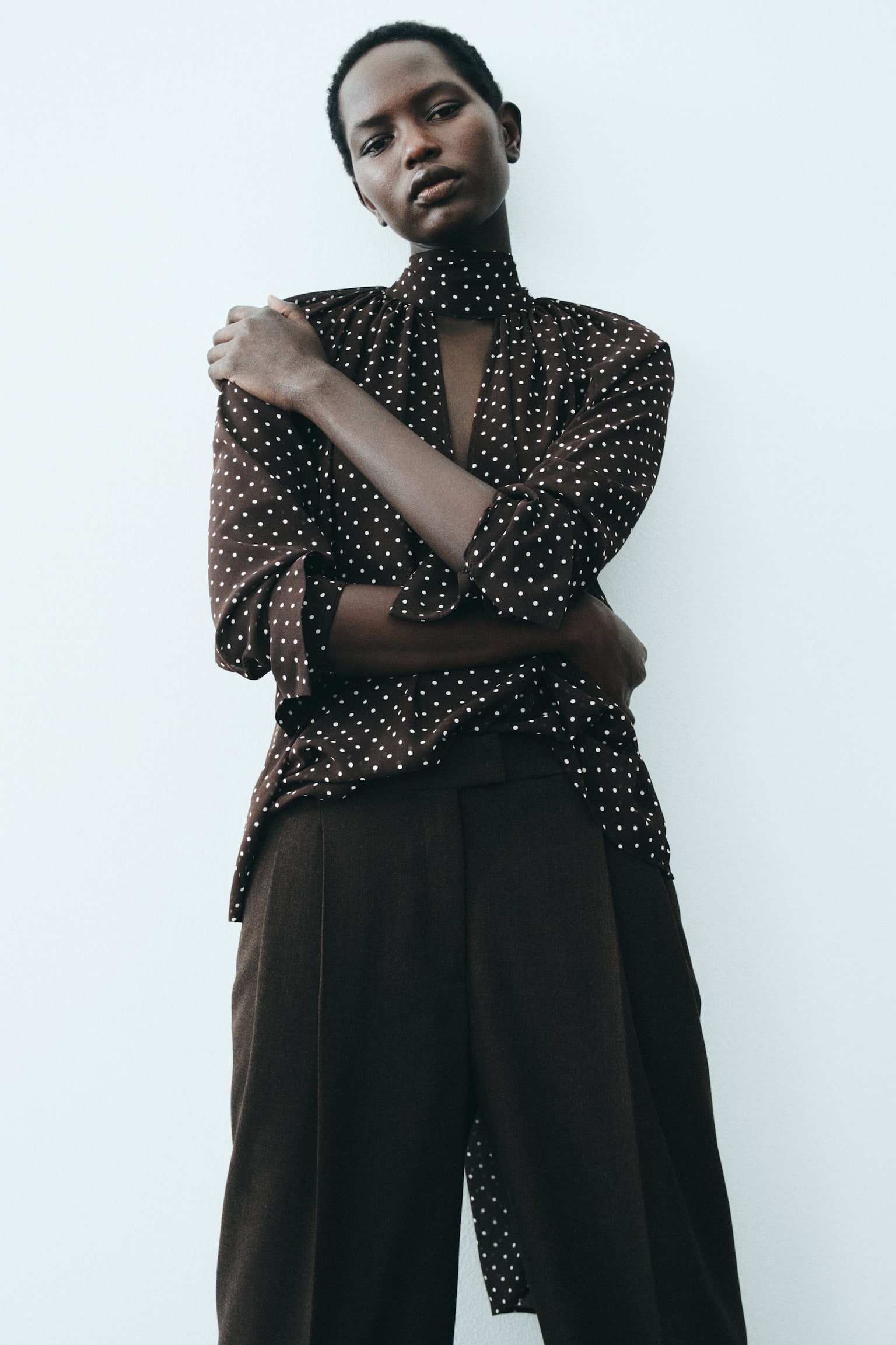 Scarf-collar blouse - Dark brown/Polka dot - 5