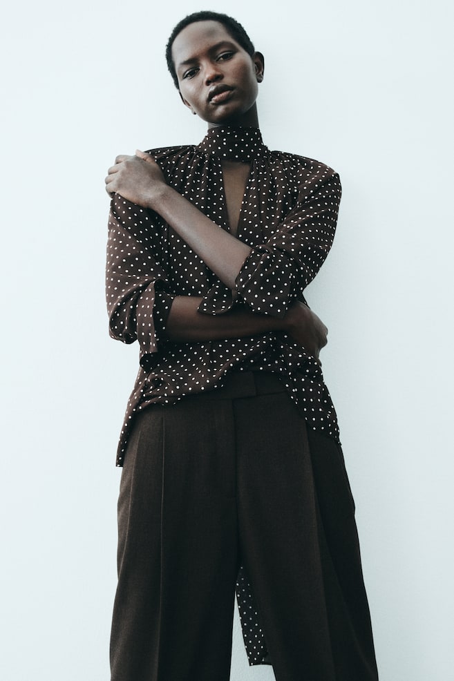 Blouse with Scarf Collar-Dark brown/polka dot - 5