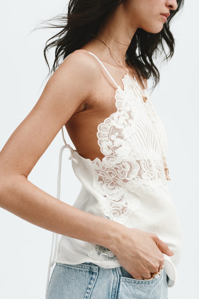 Linen-blend lace-detail top - White - 5
