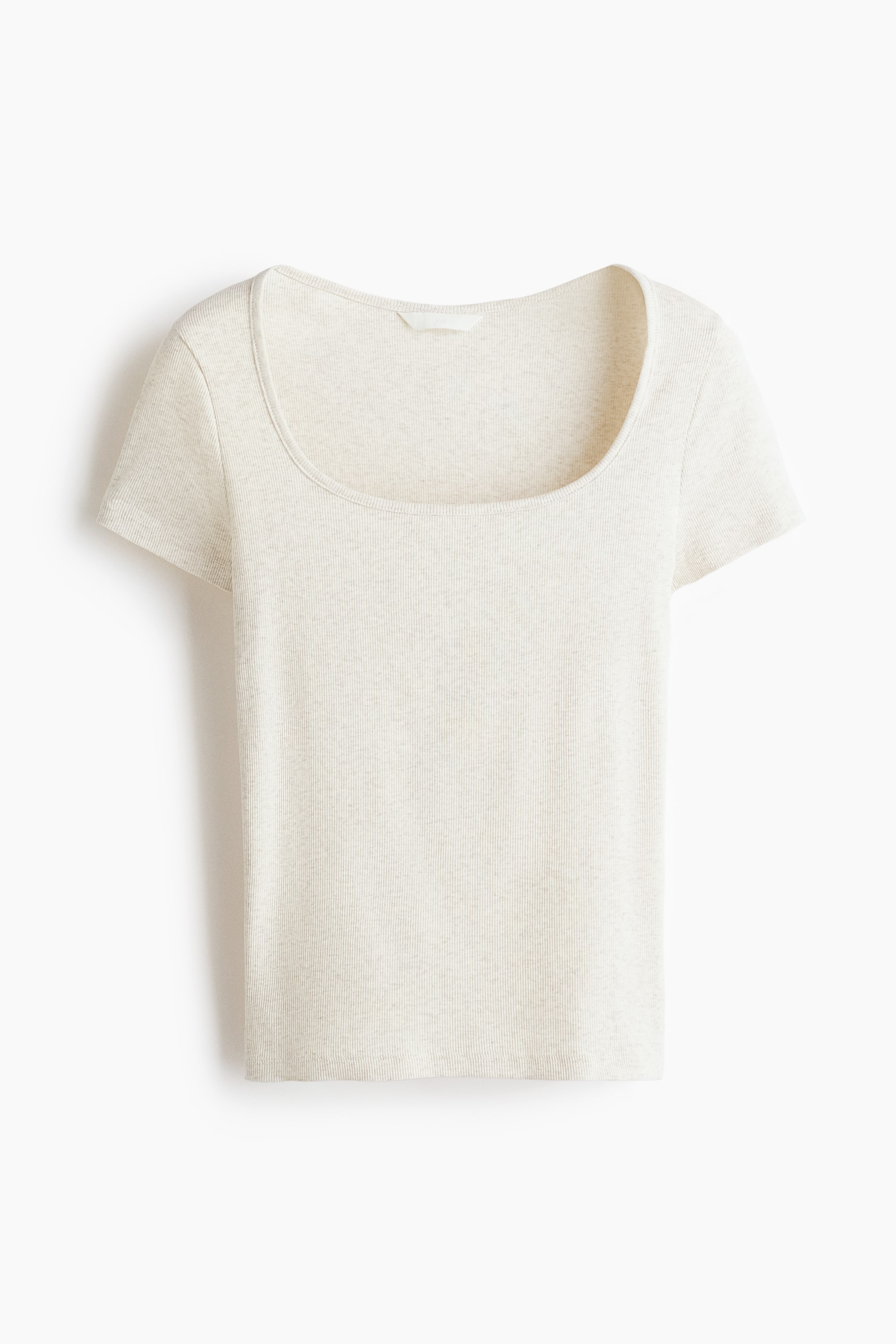 View larger image: The light beige heathered short-sleeve top showcases a ribbed knit texture, featuring a scoop neck and short sleeves.