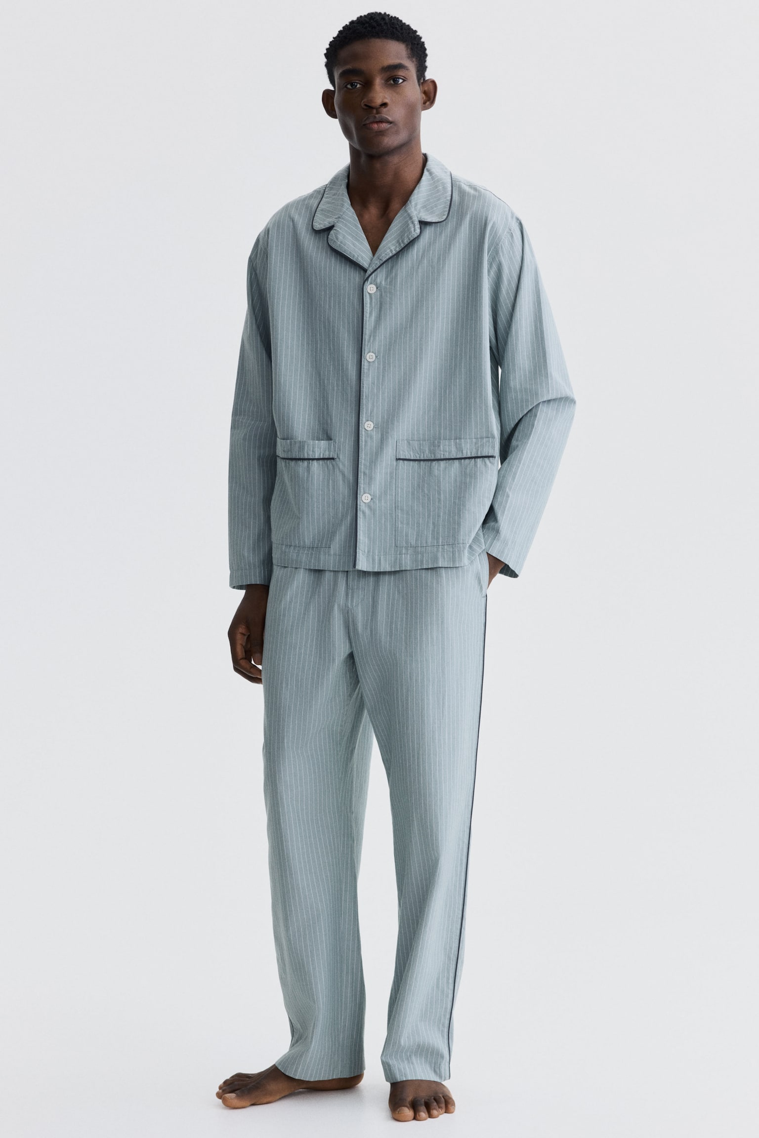 Cotton pyjama shirt and bottoms - Medium dusty green/Striped/Navy blue - 1