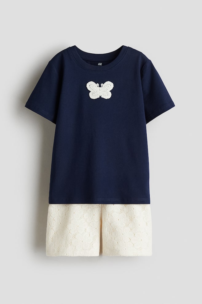 2-Piece Top and Shorts Set - Navy blue/white butterfly/White/pink heart - 1