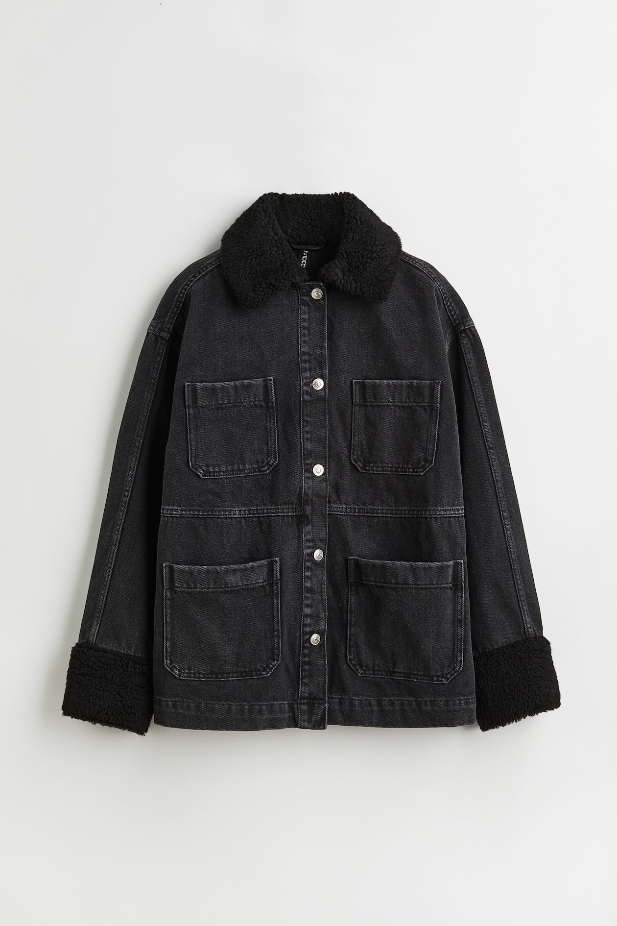 Borg-collared Denim Jacket - Long sleeve - Regular length - Black ...