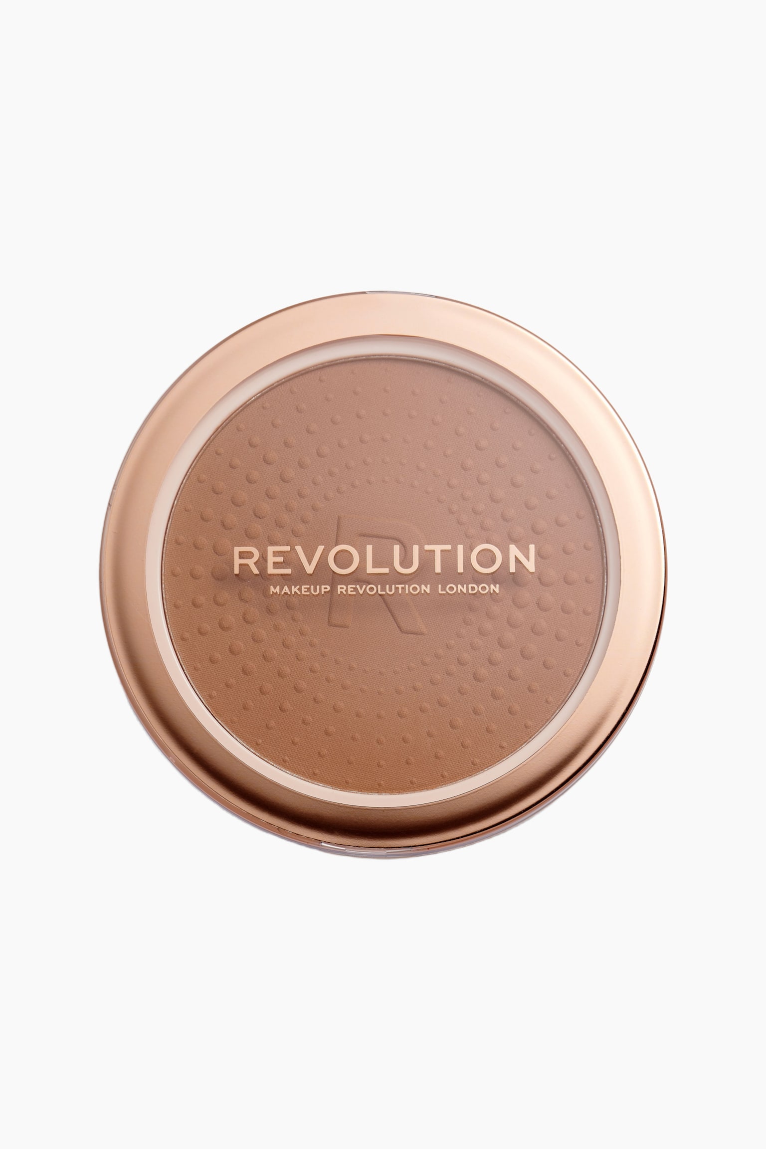 Mega Bronzer -puuterirasia on esitetty suoraan ylhÃ¤Ã¤ltÃ¤ pÃ¤in, ja siinÃ¤ nÃ¤kyy pyÃ¶reÃ¤ ruusukullan sÃ¤vyinen metallirasia kirkkaalla kannella. Kannen lÃ¤pi nÃ¤kyy lÃ¤mmin ruskea puuteribronzeri, jossa on samankeskiset kohokuvioidut pistekuviot ja suuri âRâ-logo, ja keskelle on sijoitettu kultainen brÃ¤ndÃ¤ys.