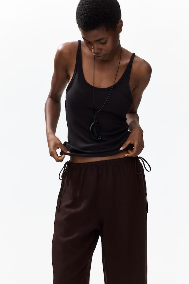 Linen-blend drawstring trousers - Dark brown/Dark red/Yellow/Ivory - 1
