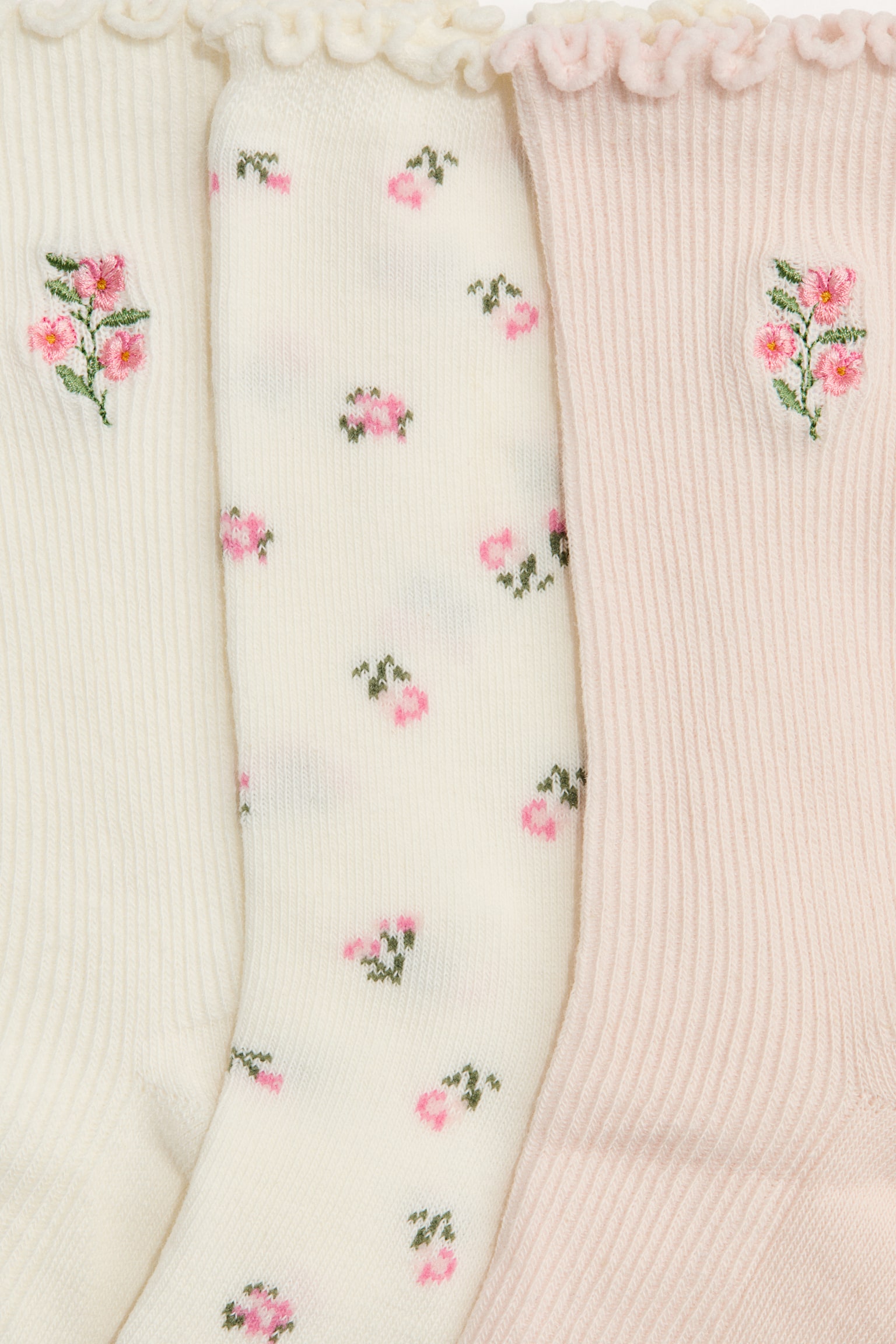 5-pack rib-knit socks - White/Floral/Light pink/Powder pink/White/White/White/Cream marl/Beige - 2