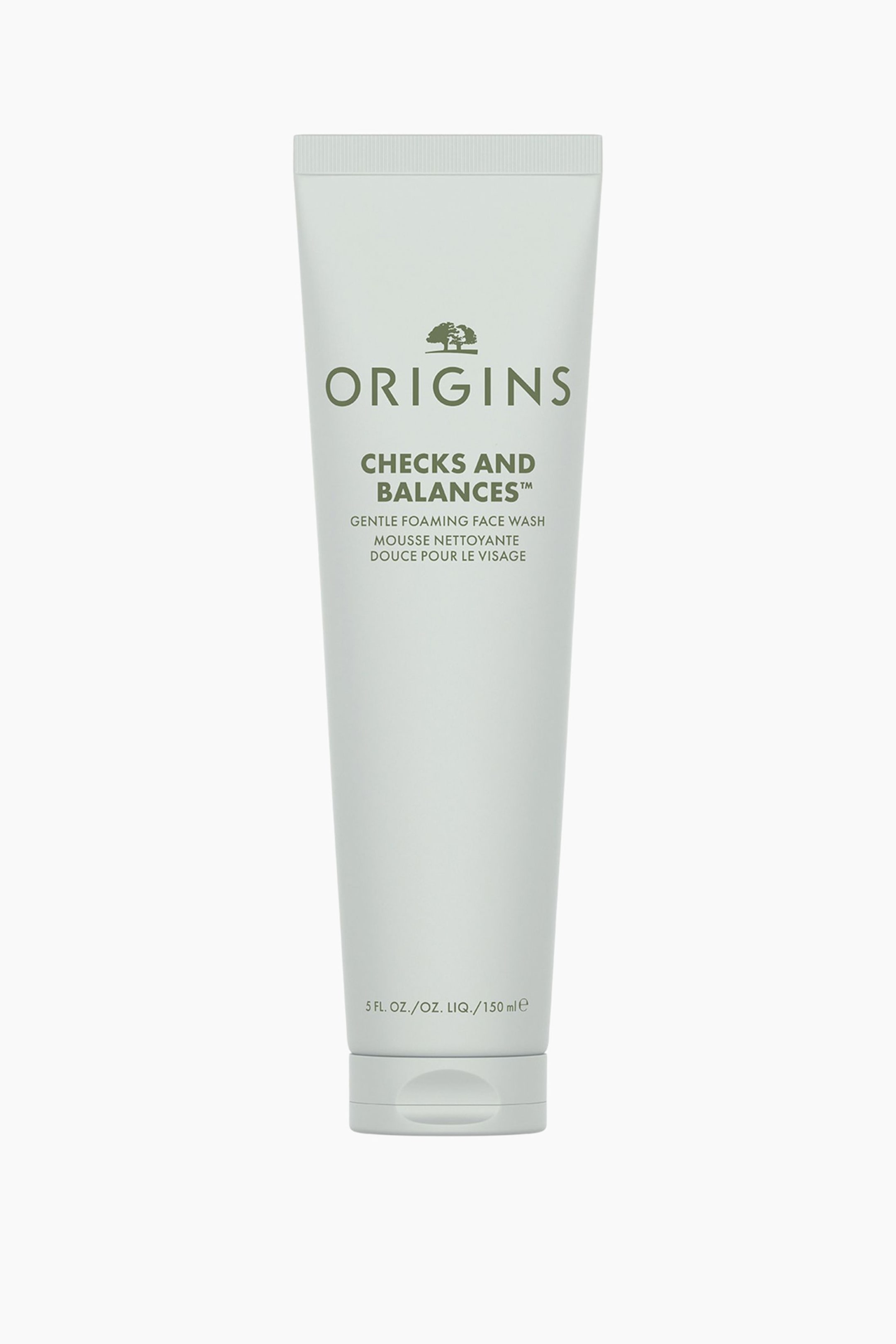 Se større billede: En Origins Checks and Balances Gentle Foaming Face Wash tube står oprejst og vender fremad. Den har en lysegrøn mat finish og en matchende flip-top låg ved bunden.