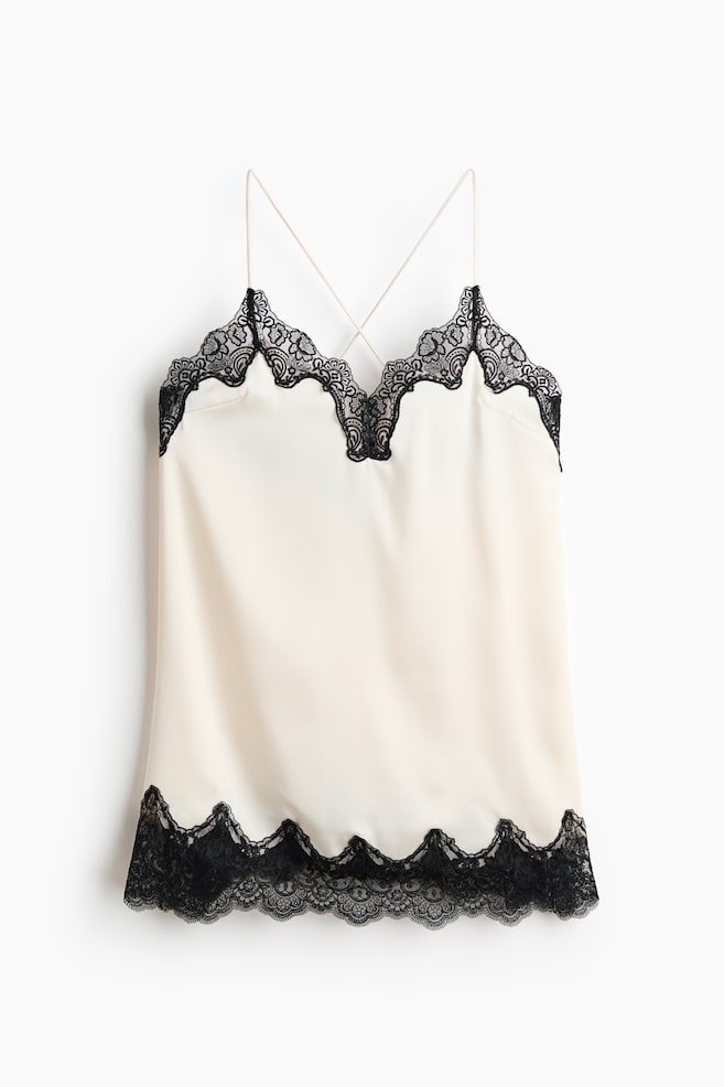 Nuisette en satin avec dentelle - Crème/noir - 1