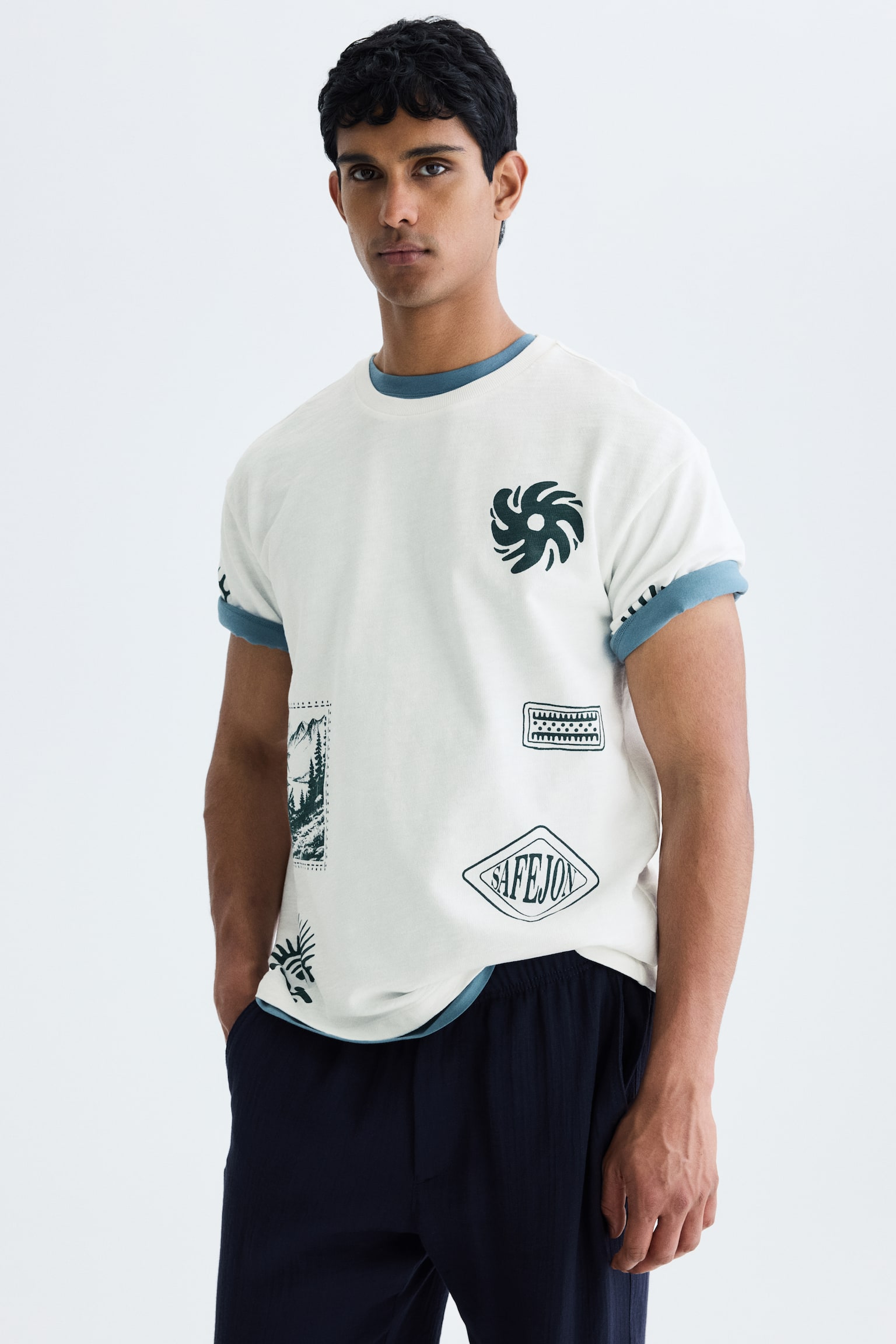 Relaxed Fit Printed T-shirt - White/Safejon - 1