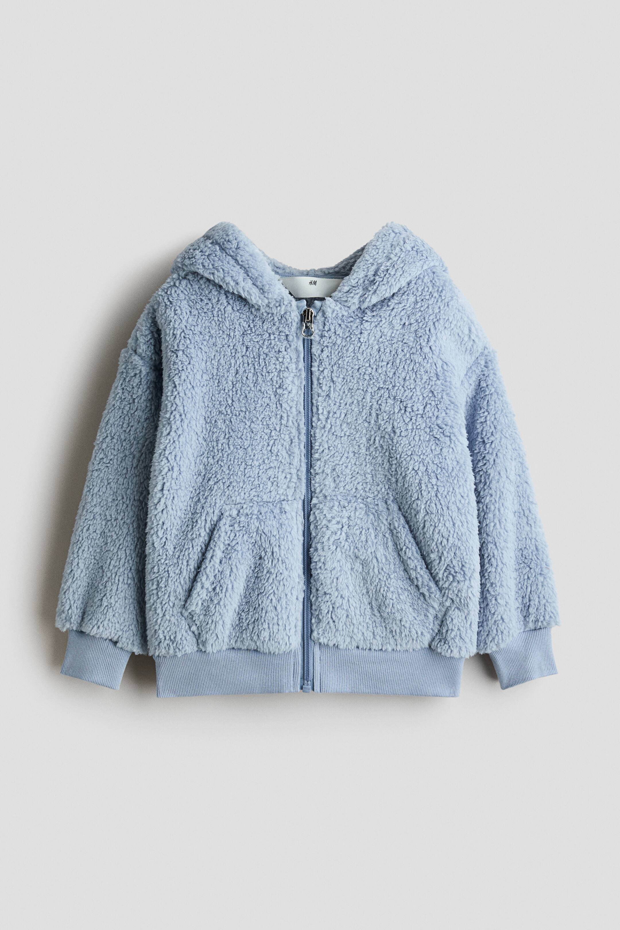 View larger image: A light blue teddy fleece hoodie is showcased from the front. It features an attached hood, a full-length front zip, and two patch pockets, with ribbed cuffs and a ribbed hem.