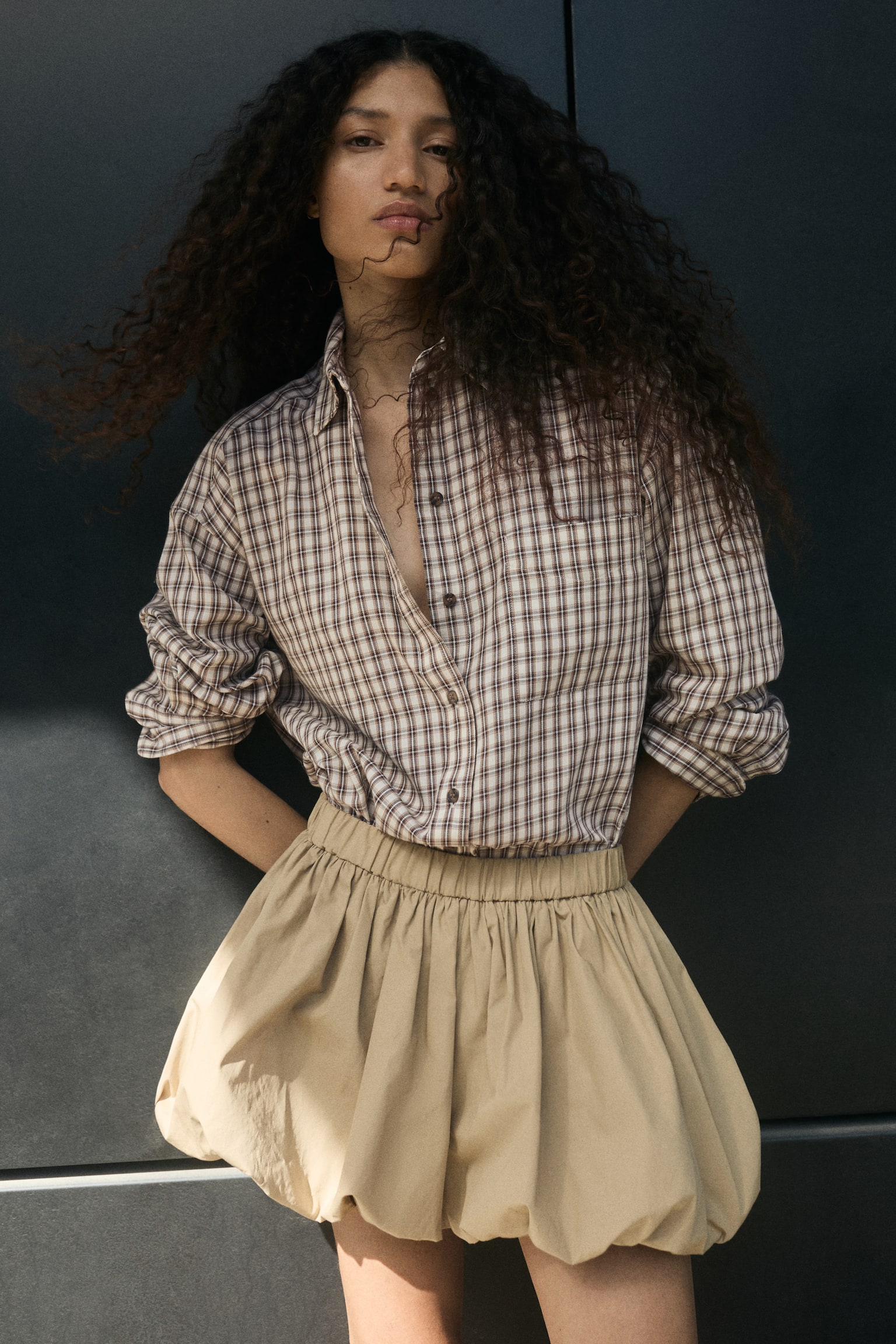 Oversized cotton shirt - Light beige/Checked - 1