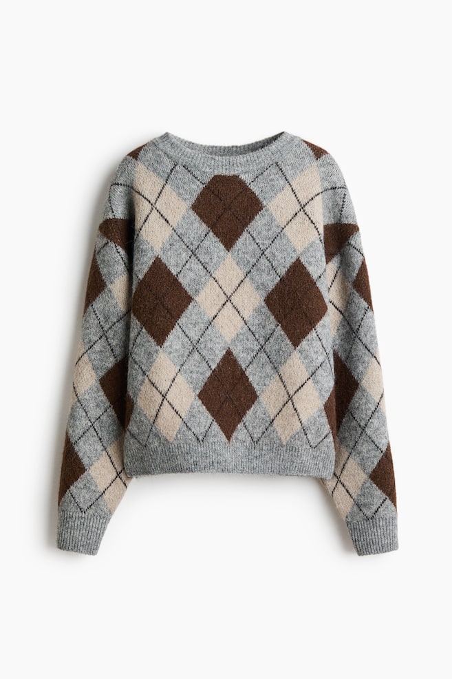 Oversized knitted jumper - Grey/Argyle pattern/Dark mole/Argyle pattern - 1