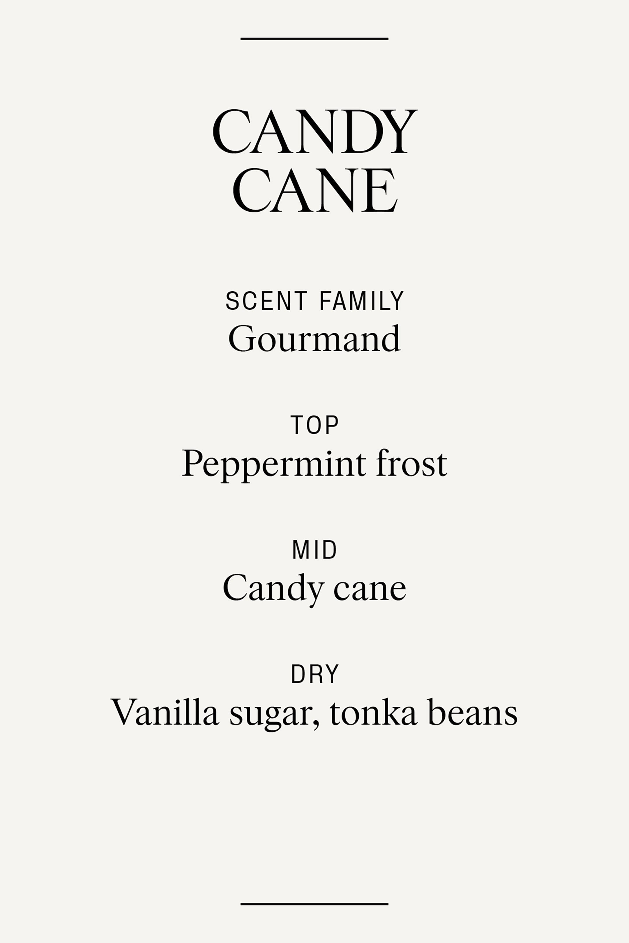 Visa större bild: Produkten har en doftprofil av ""POLKAGRIS"", som beskriver dess doftnoter. Den listar doftfamiljen som "Gourmand", med "Pepparmint frost" som toppnot, "Polkagris" som mittnot och "Vaniljsocker, tonkabönor" som basnoter, allt presenterat i svart text på en ljus bakgrund och inramat av två horisontella linjer.