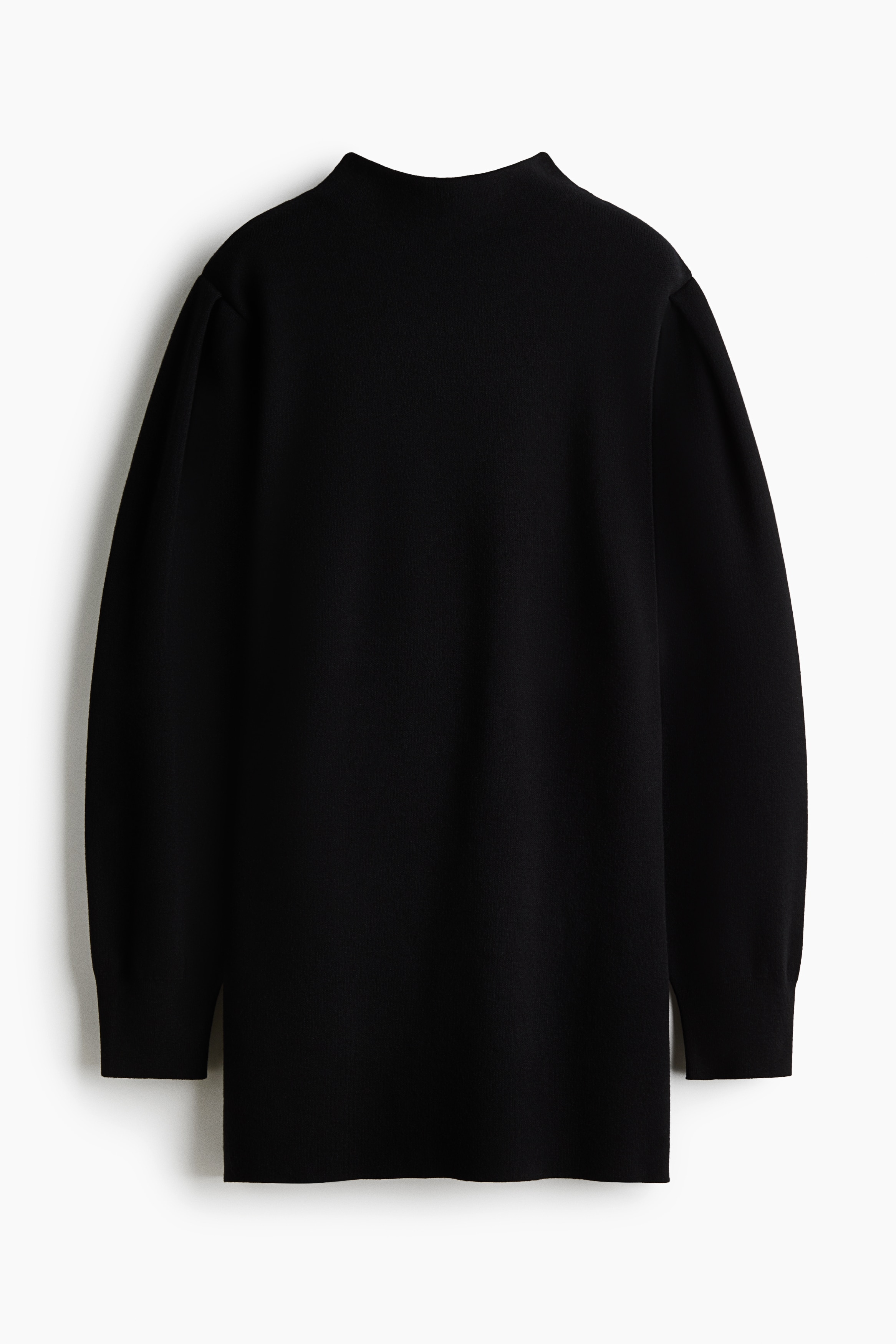 A black knit sweater is shown from the front, featuring a high mock neckline and a relaxed fit. It has long sleeves with gathered, puffed shoulders and ribbed cuffs.