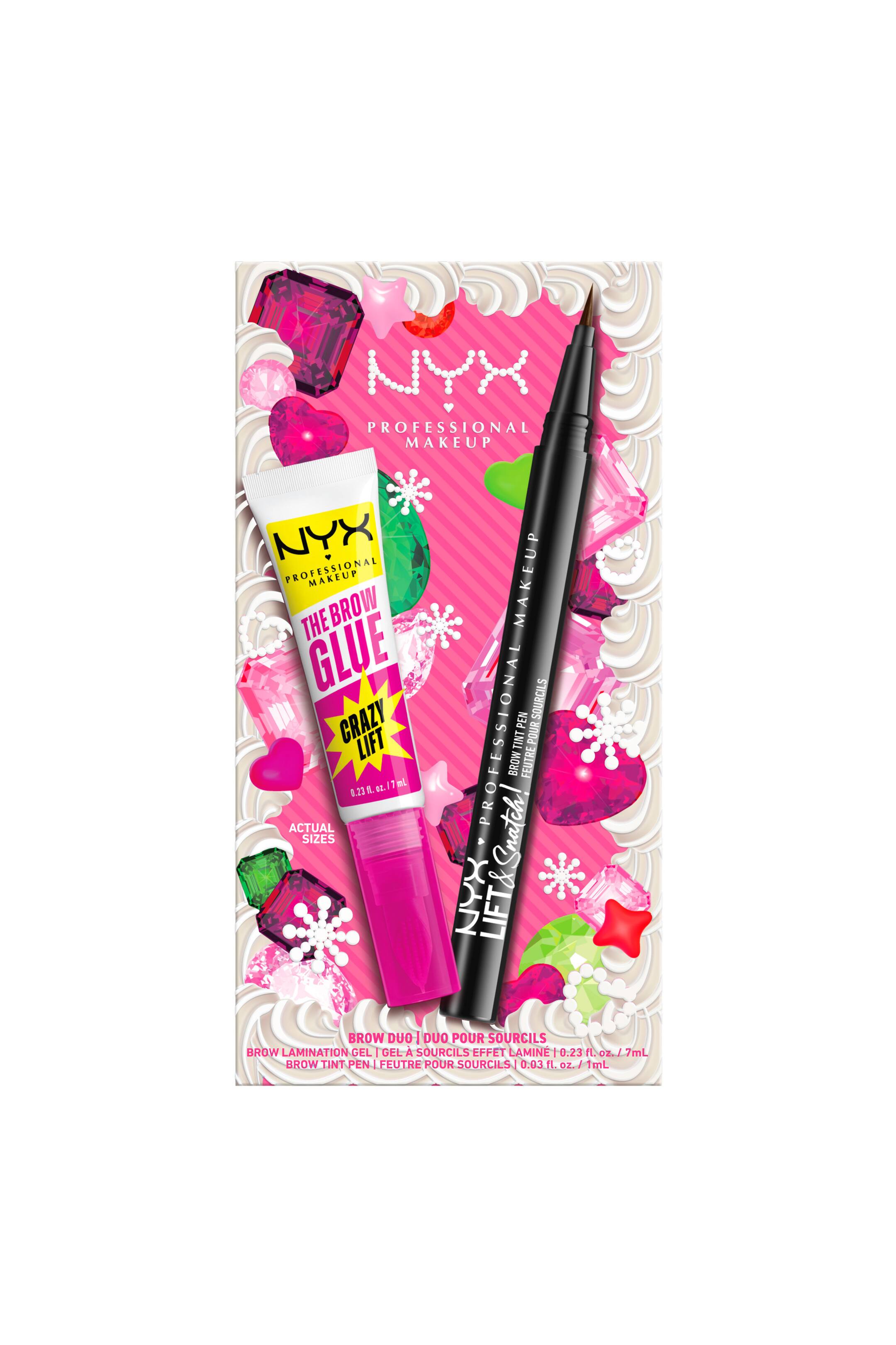 Visa större bild: Förpackningen för NYX Bling The Halls Brow Glue Duo 02 visar en vit brynlamineringsgel-tub med ett livfullt rosa lock och en svart brynnyanspenna med fin spets. De två produkterna är arrangerade diagonalt på en rosa bakgrund dekorerad med illustrerade färgglada ädelstenar och vita frostingliknande kanter.
