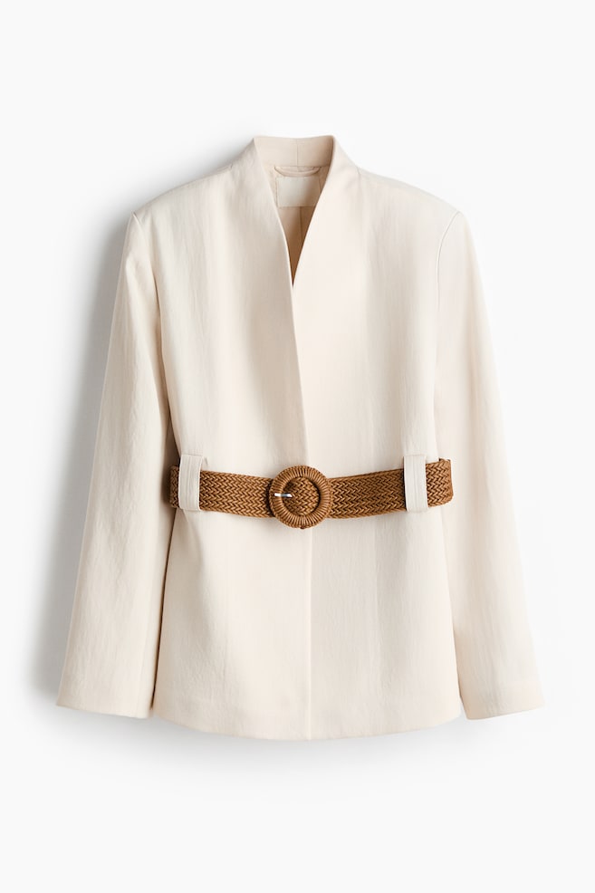 Belted Lapelless Jacket - Cream/Dark brown - 1