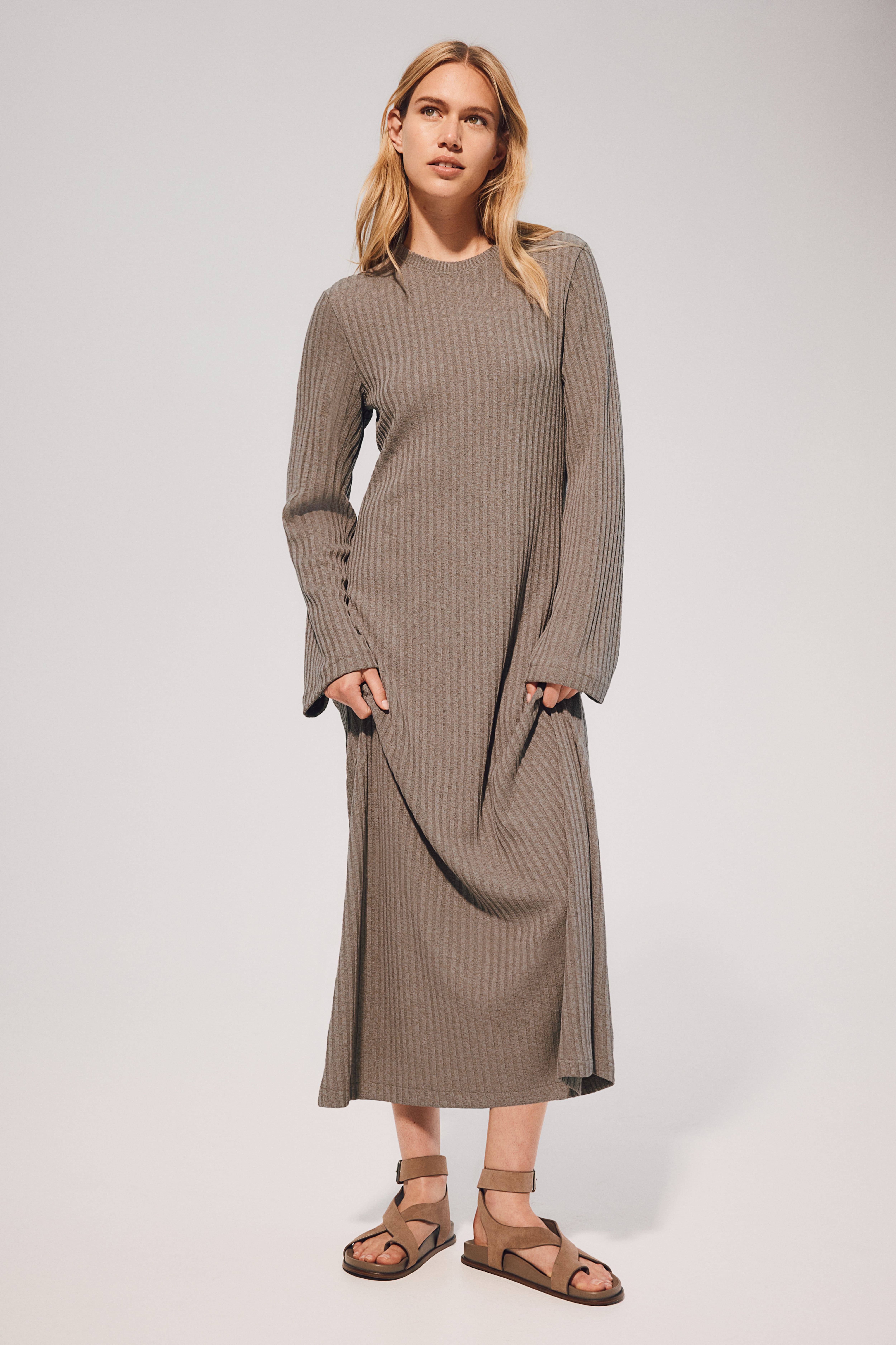 Rib-Knit Dress - Round Neck - Long sleeve - Beige melange - Ladies | H&M US