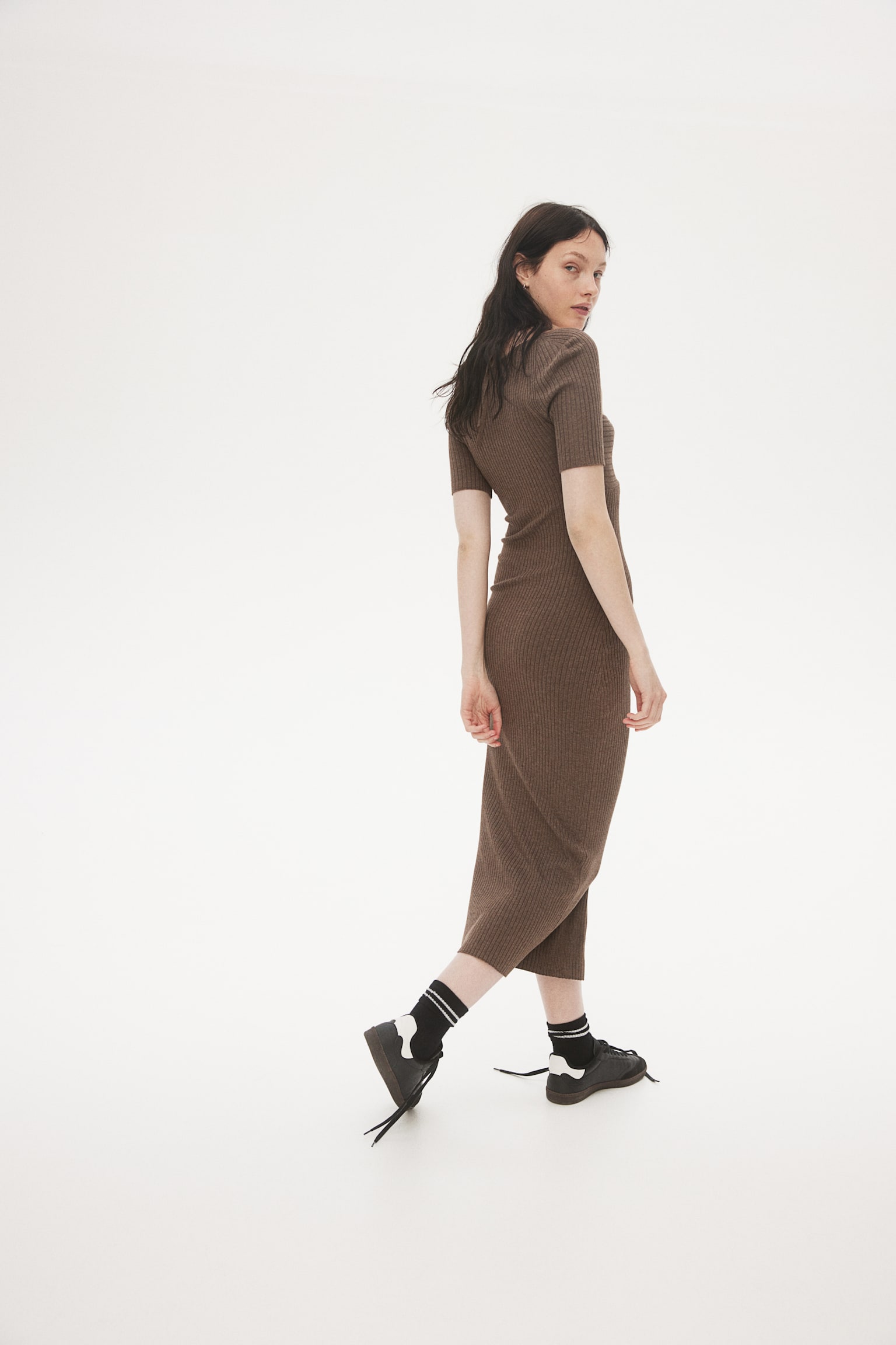 Rib-knit tie-detail dress - Dark brown marl - 5