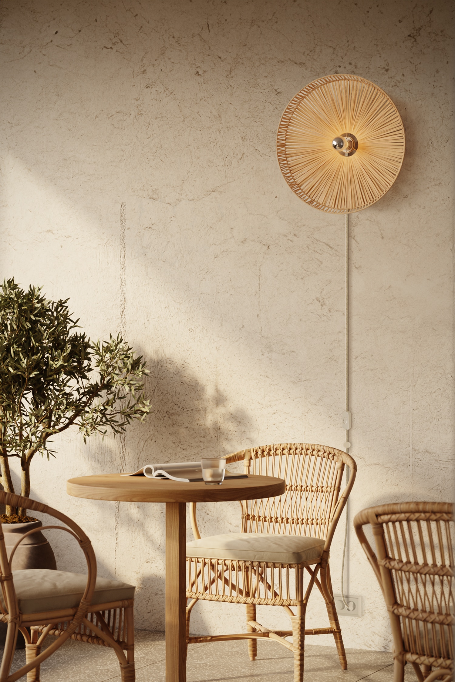 Lampe Med Tahiti Raffia Lampeskærm Og Pære - Lysebrun